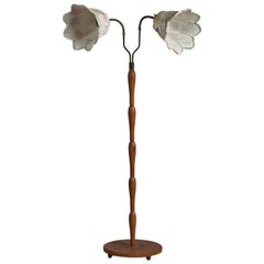 Swedish Designer, Floor Lamp, Brass, Oak, Fabric, Sweden, 1940s