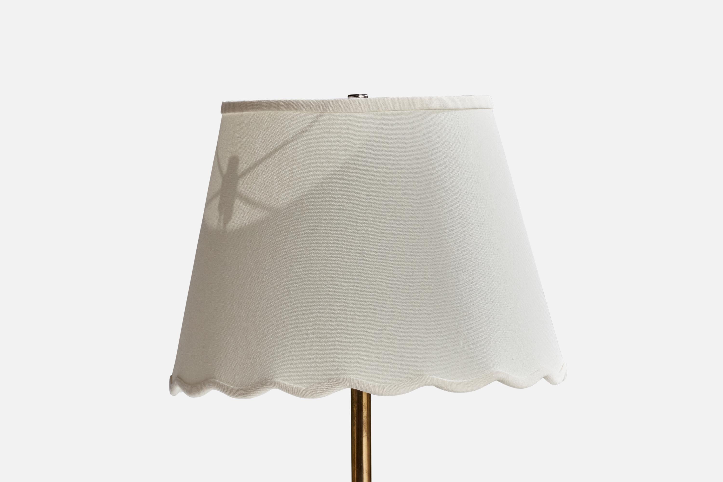 Scandinavian Modern Swedish Designer, Floor Lamp, Brass, Oak, Fabric, Sweden, 1950s For Sale