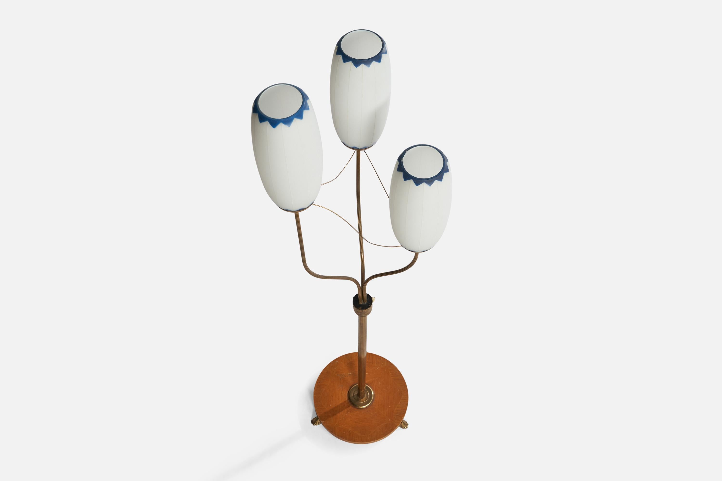 Scandinavian Modern Swedish Designer, Floor Lamp, Brass, Oak, Glass, Sweden, 1940s For Sale