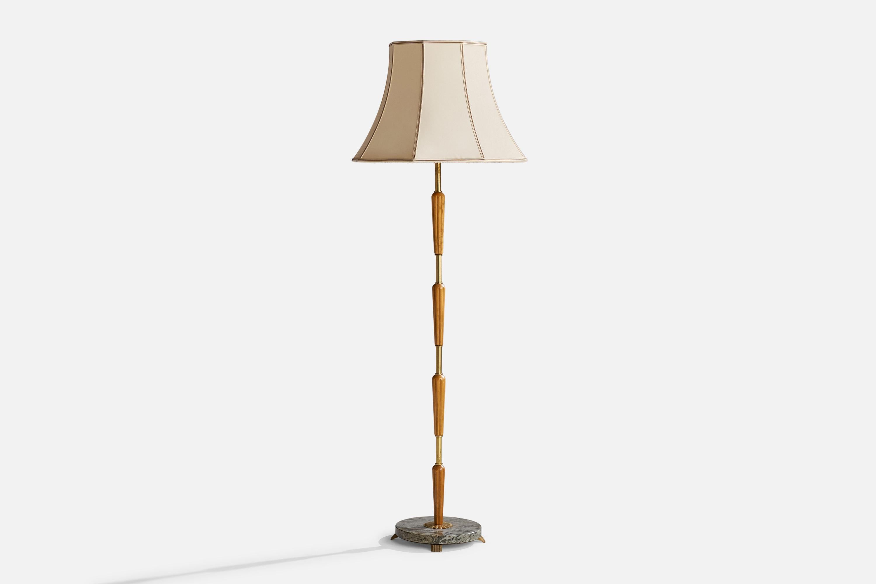 An off-white fabric, brass, oak and swedish green marble floor lamp designed and produced in Sweden, 1940s.

Overall Dimensions (inches): 62”  H x 21” W x 22” D
Stated dimensions include shade.
Bulb Specifications: E-26 Bulb
Number of Sockets: 1
All
