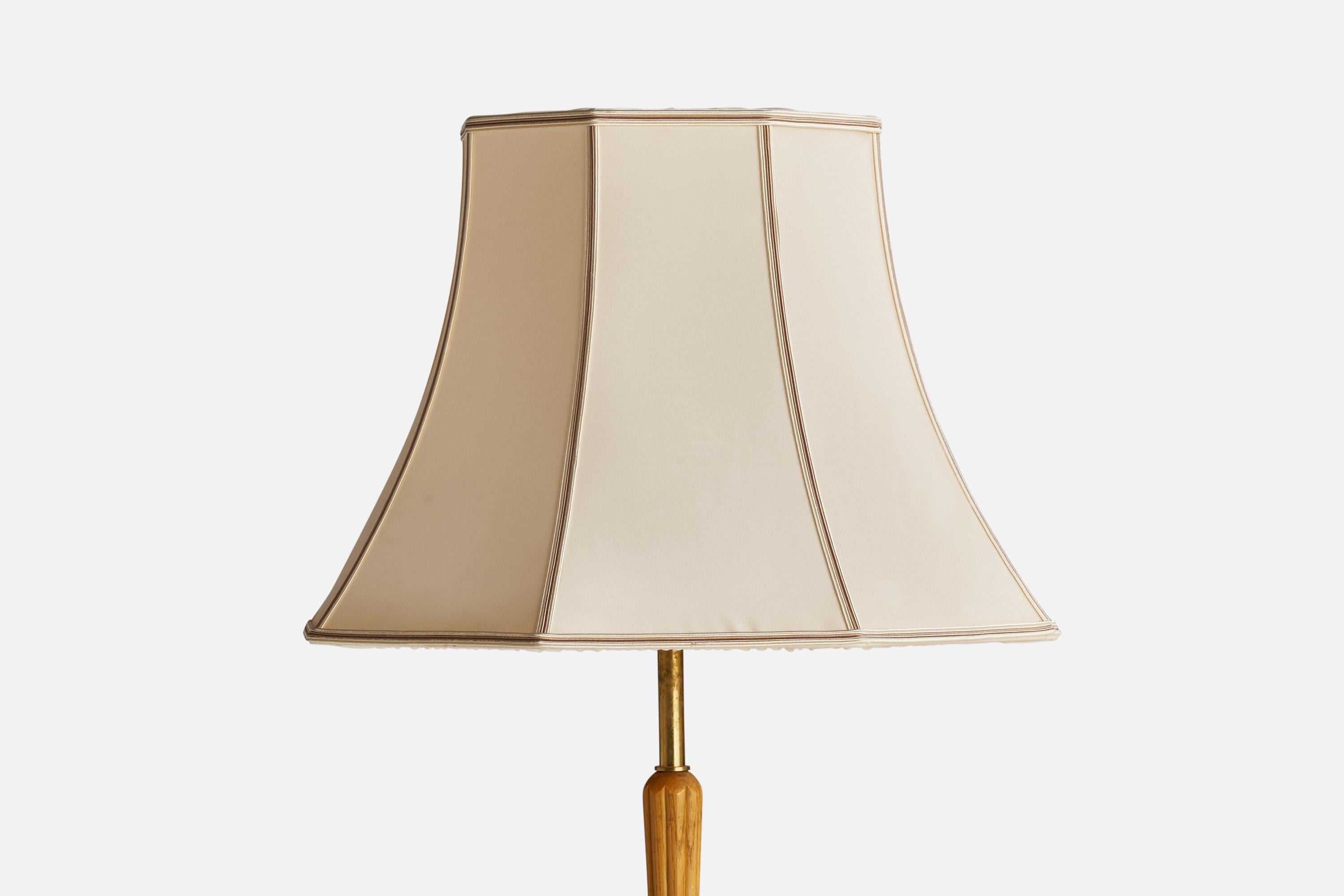 Scandinavian Modern Swedish Designer, Floor Lamp, Brass, Oak, Marble, Fabric, Sweden, 1940s For Sale