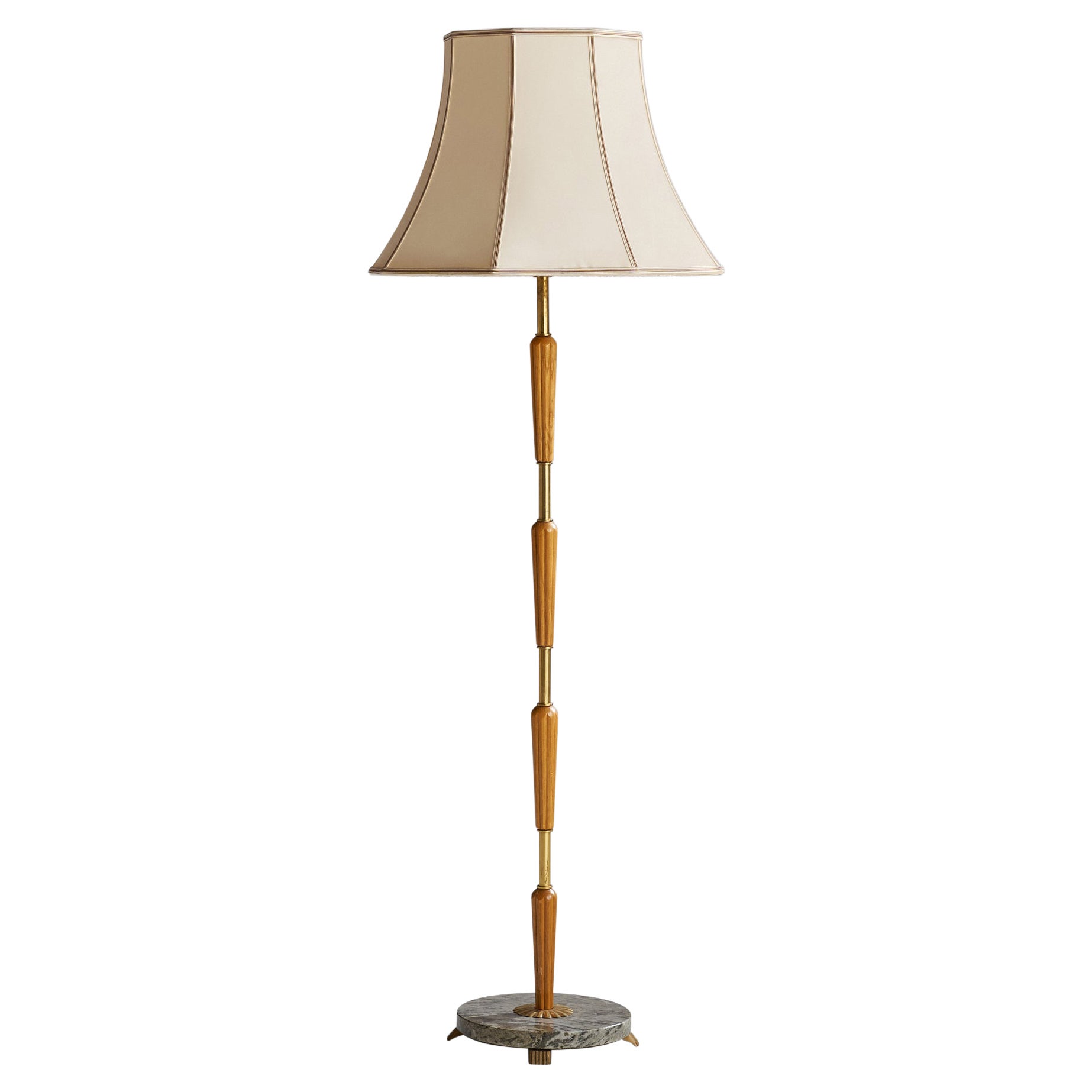 Designer suédois, lampadaire, laiton, chêne, marbre, tissu, Suède, années 1940