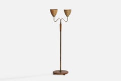 Swedish Designer, Floor Lamp, Brass, Oak, Rattan, 1940s
