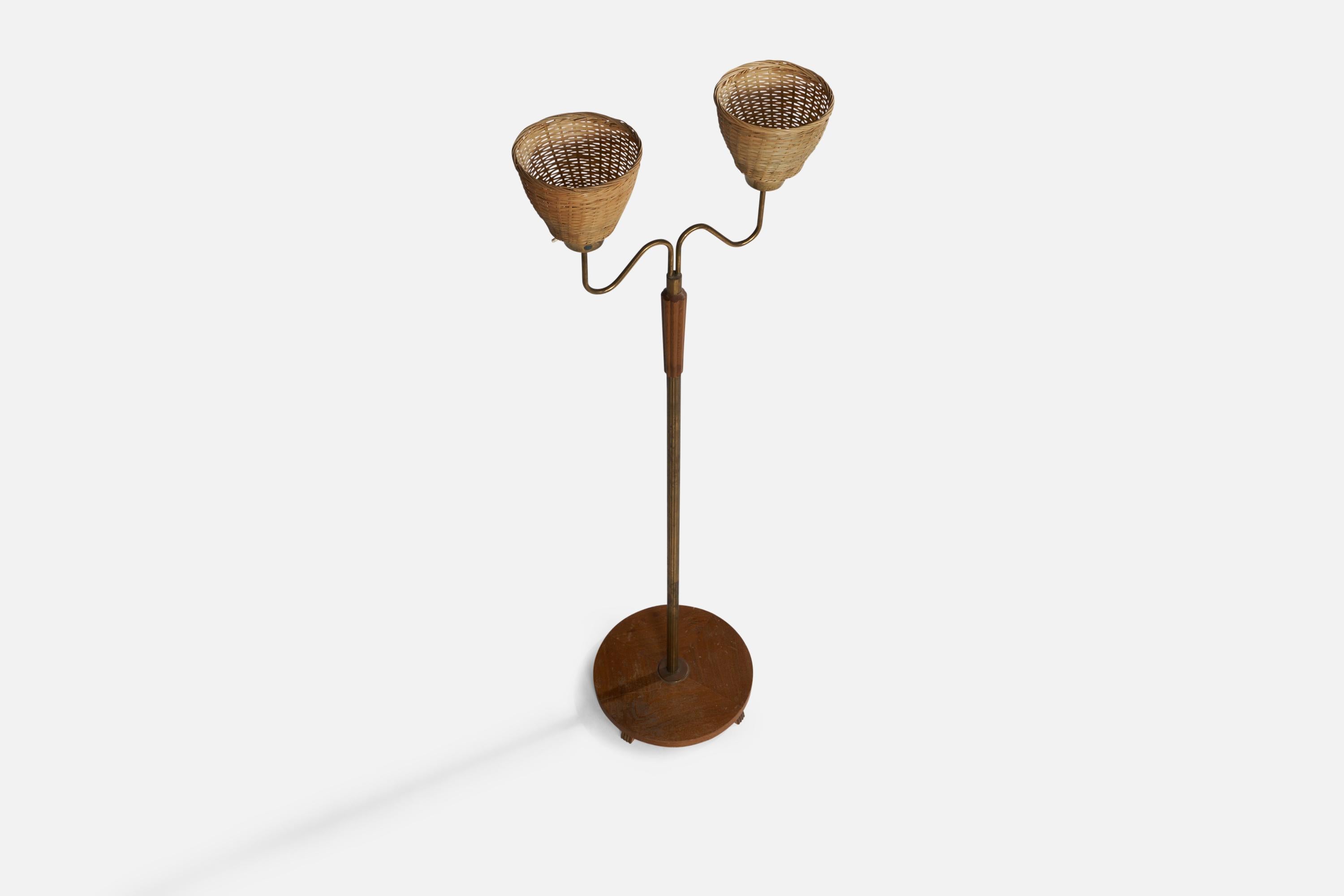 Mid-Century Modern Swedish Designer, Floor Lamp, Brass, Oak, Rattan, 1940s For Sale