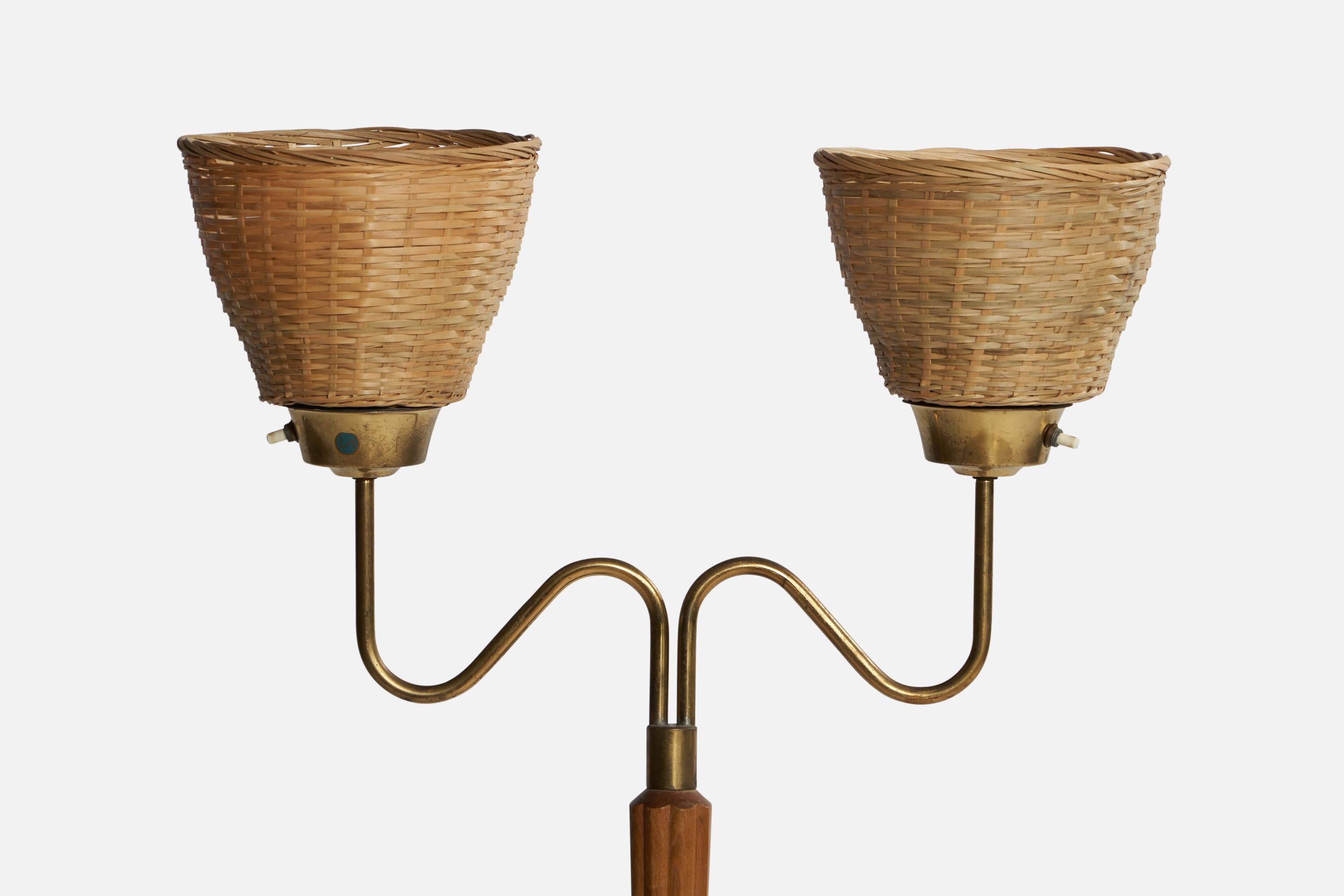 Swedish Designer, Floor Lamp, Brass, Oak, Rattan, 1940s In Good Condition For Sale In High Point, NC