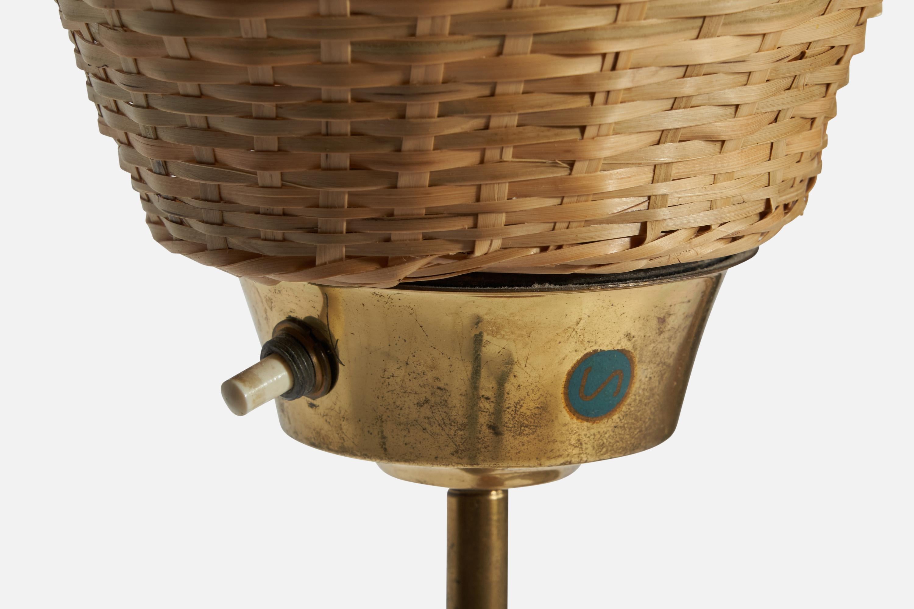 Mid-20th Century Swedish Designer, Floor Lamp, Brass, Oak, Rattan, 1940s For Sale
