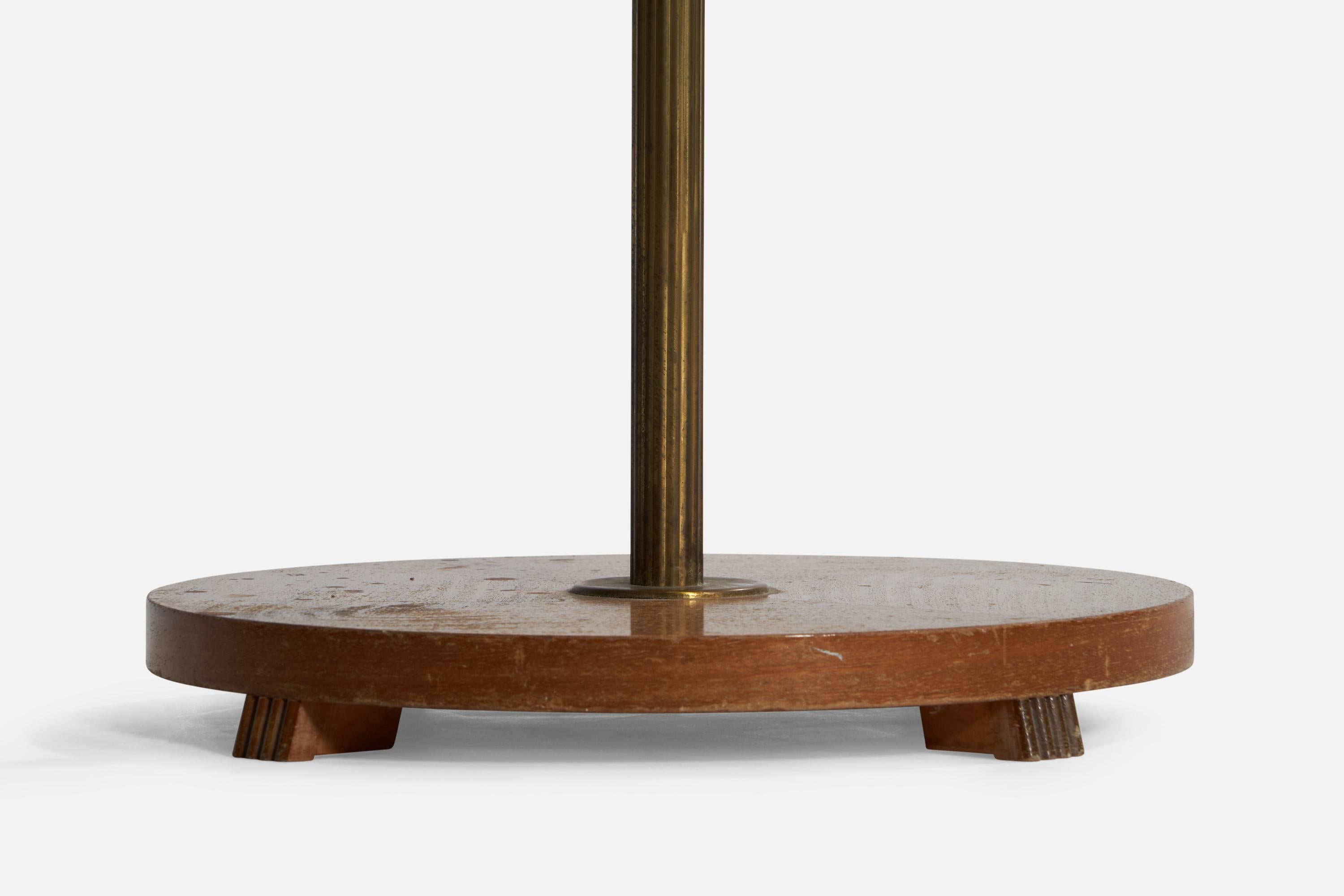 Swedish Designer, Floor Lamp, Brass, Oak, Rattan, 1940s For Sale 2