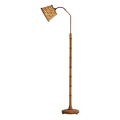 Swedish Designer, Floor Lamp, Brass, Oak, Rattan, Sweden, 1940s