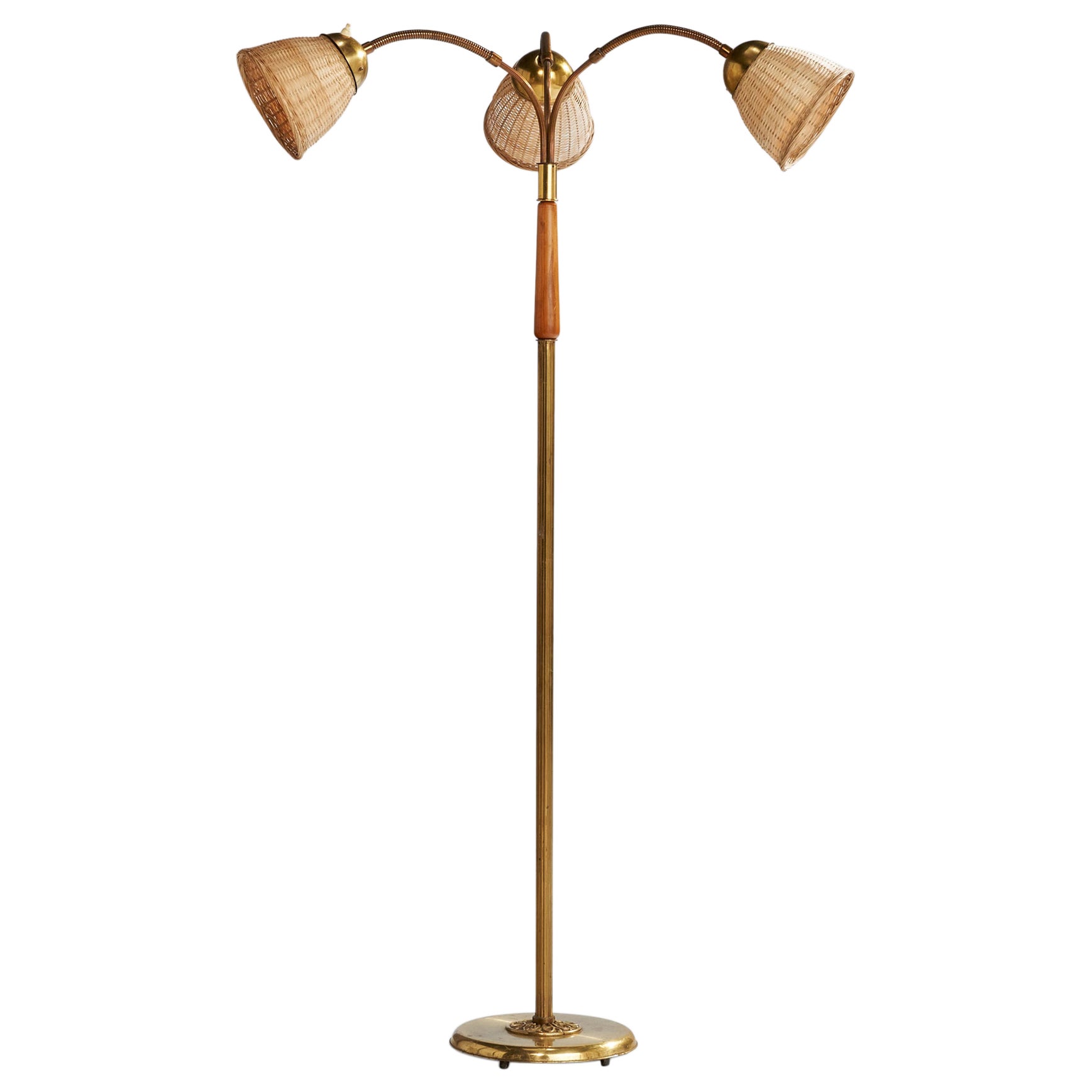Swedish Designer, Floor Lamp, Brass, Oak, Rattan, Sweden, 1940s