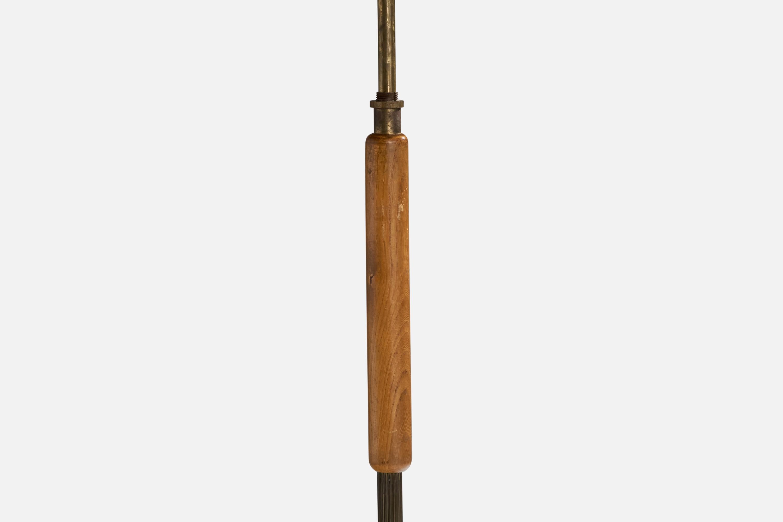Swedish Designer, Floor Lamp, Brass, Oak, Rattan, Sweden, 1950s In Good Condition For Sale In High Point, NC