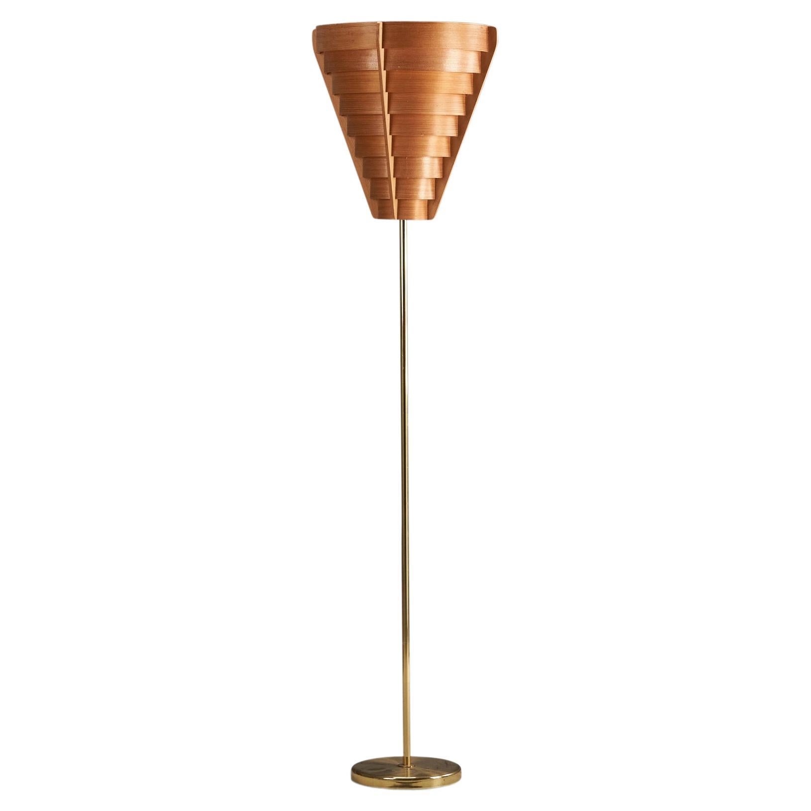 Swedish Designer, Floor Lamp, Brass, Pine, Moulded Pine Veneer, Sweden, 1970s