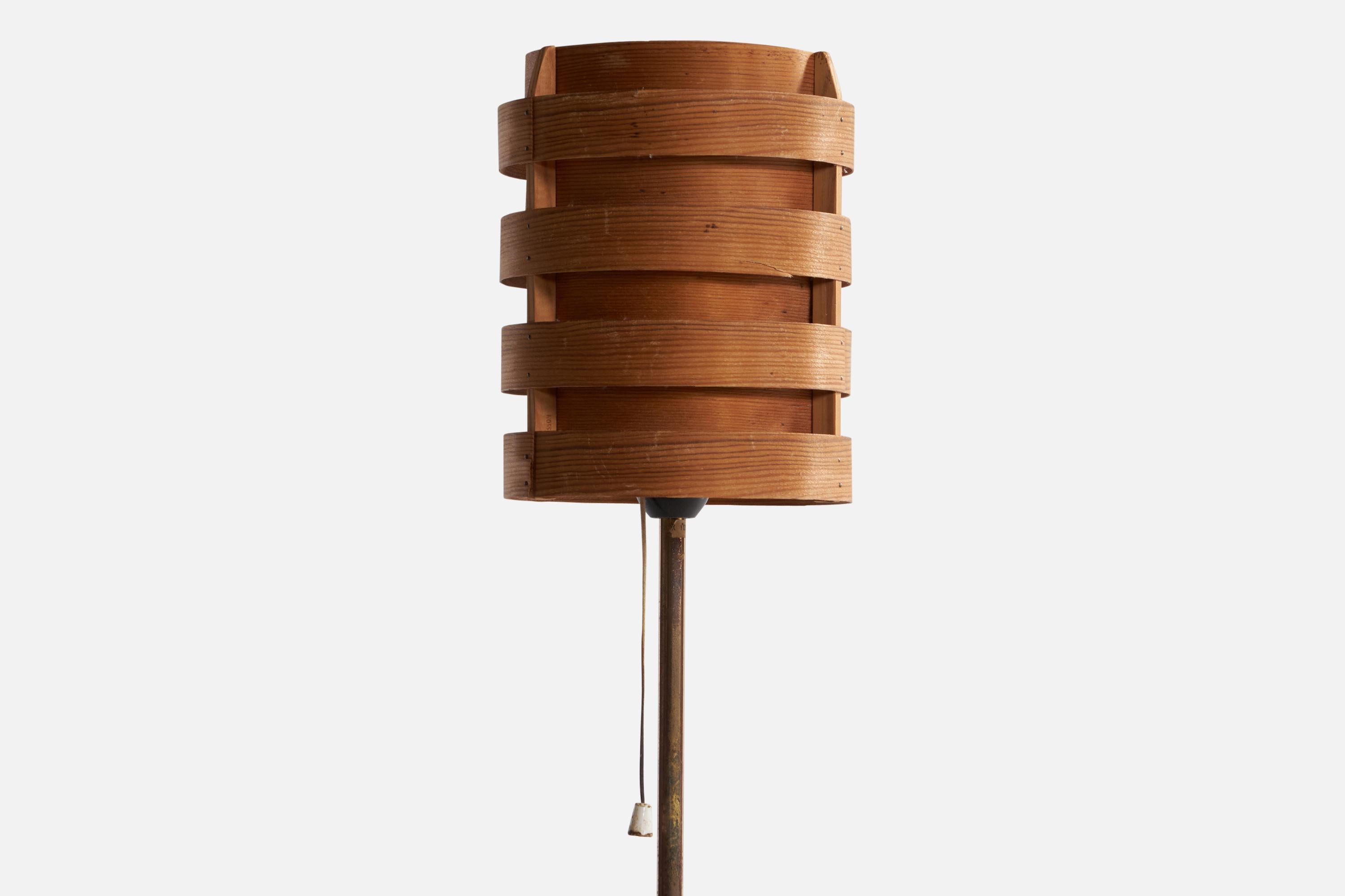 Swedish Designer, Floor Lamp, Brass, Pine, Sweden, 1960s For Sale 1
