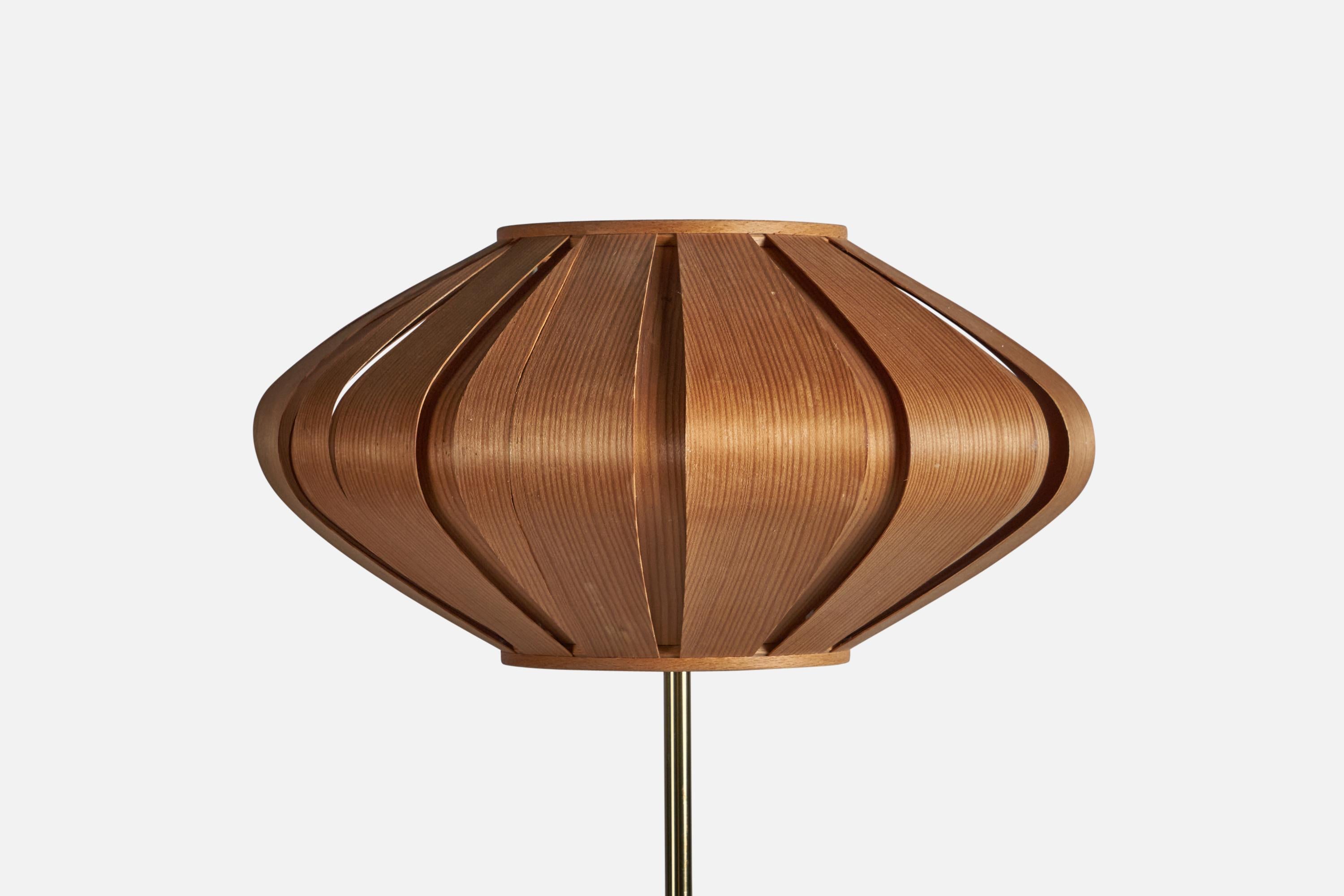 Post-Modern Swedish Designer, Floor Lamp, Brass, Pine, Sweden, 1970s For Sale