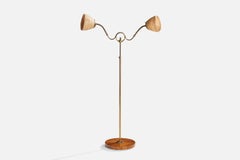 Swedish Designer, Floor Lamp, Brass, Rattan, Elm, Sweden, 1940s