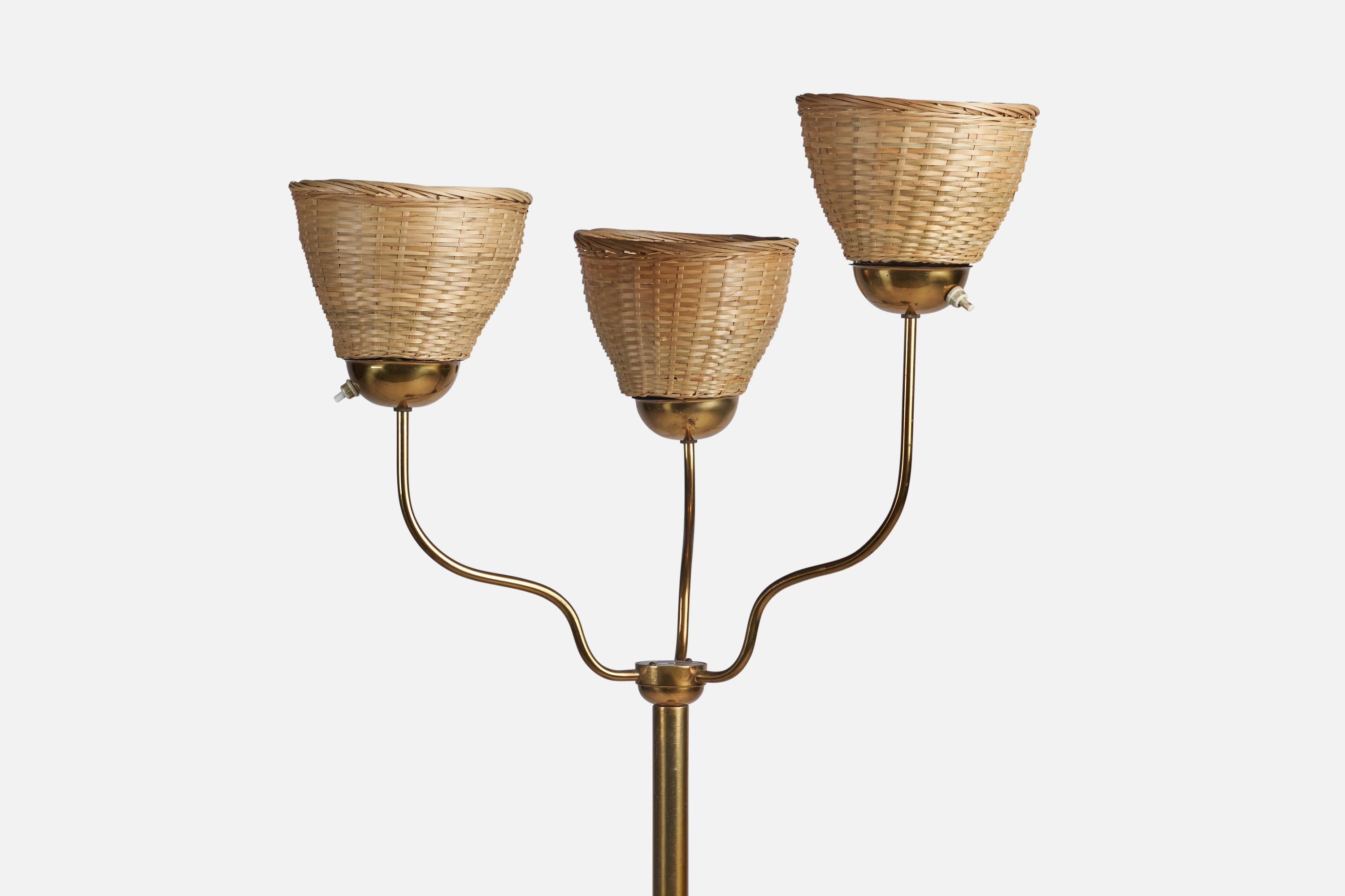 Scandinavian Modern Swedish Designer, Floor Lamp, Brass, Rattan, Sweden, 1930s