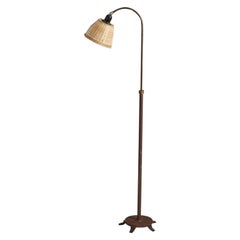 Swedish Designer, Floor Lamp, Brass, Rattan, Sweden, 1940s