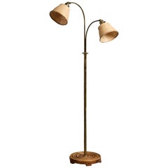 Swedish Designer, Floor Lamp, Brass, Rattan, Sweden, 1940s