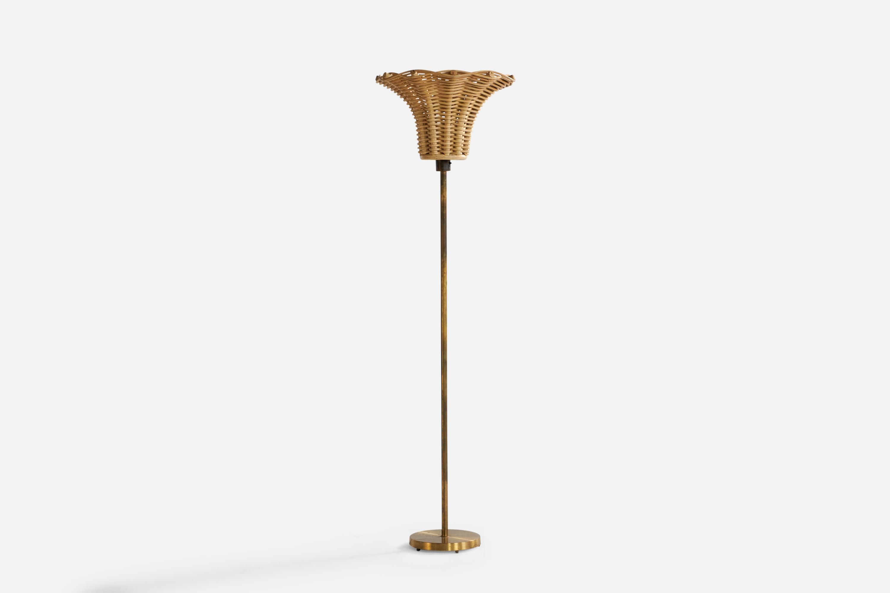 Swedish Designer, Floor Lamp, Brass, Rattan, Sweden, 1950s For Sale 2