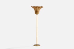 Lampada da terra di design svedese, ottone, rattan, Svezia, anni '1960
