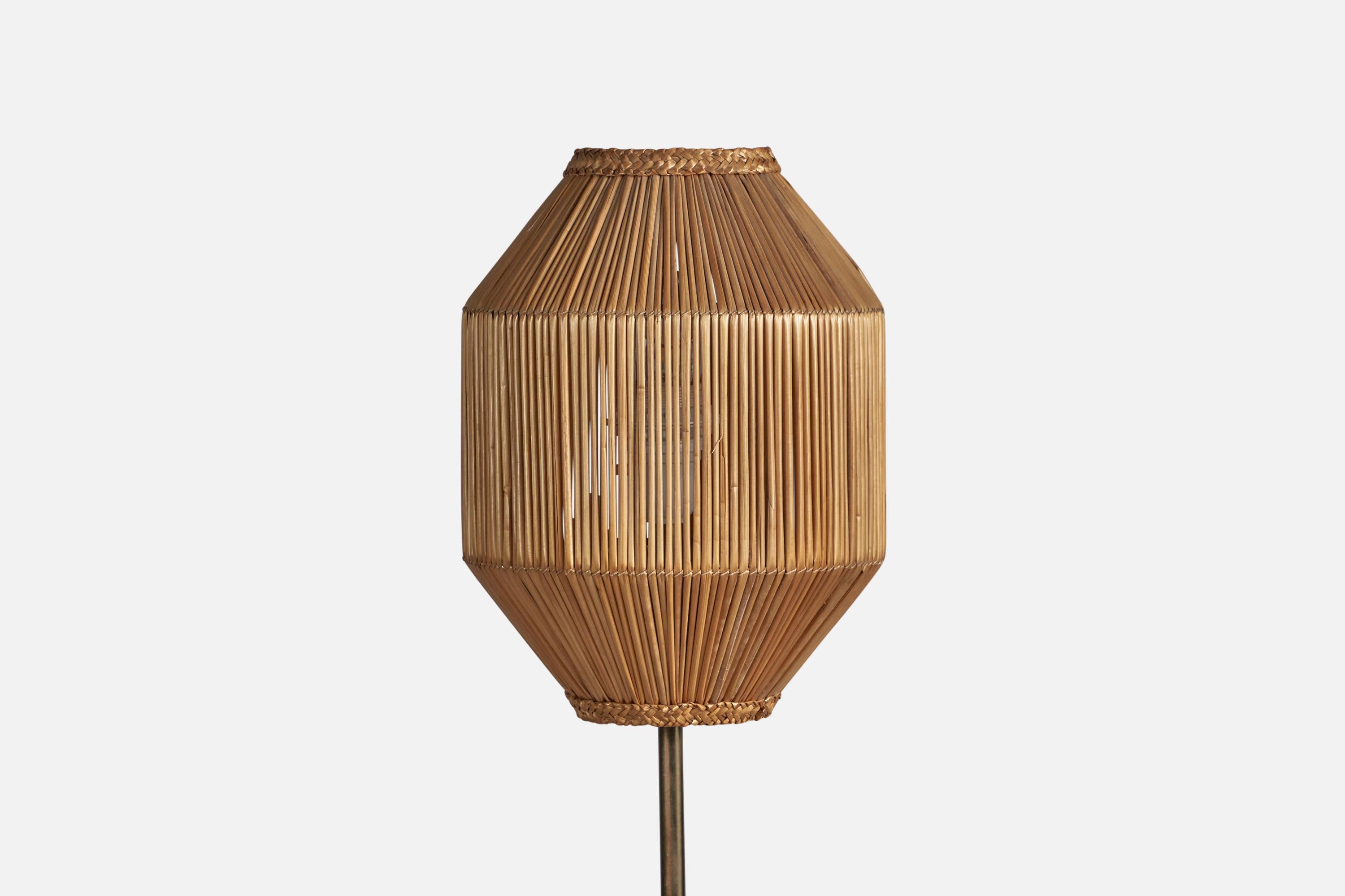 Mid-Century Modern Swedish Designer, Floor Lamp, Brass, Rattan, Sweden, 1960s For Sale