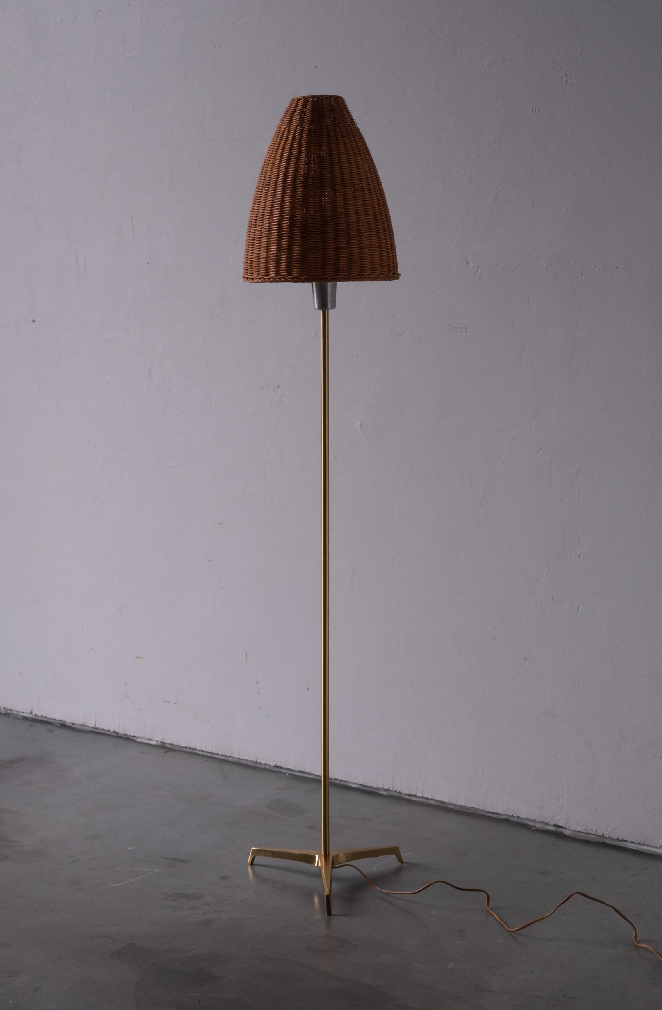 Mid-Century Modern Swedish Designer, Floor Lamp, Brass, Rattan, Sweden, 1960s