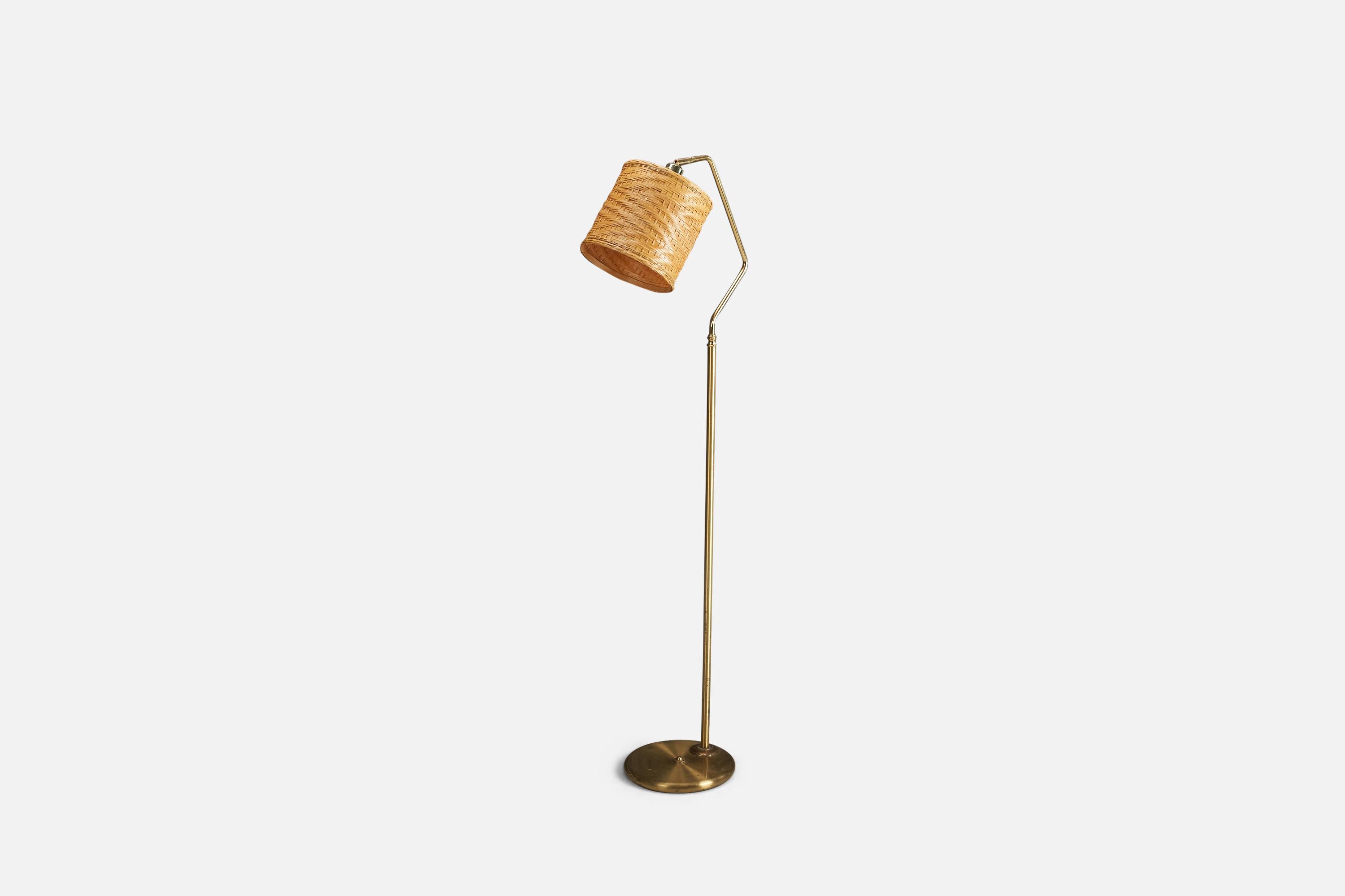 Mid-Century Modern Swedish Designer, Floor Lamp, Brass, Rattan, Sweden, 1970s