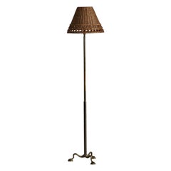 Swedish Designer, Floor Lamp, Brass, Rattan, Wood, Sweden, 1930s