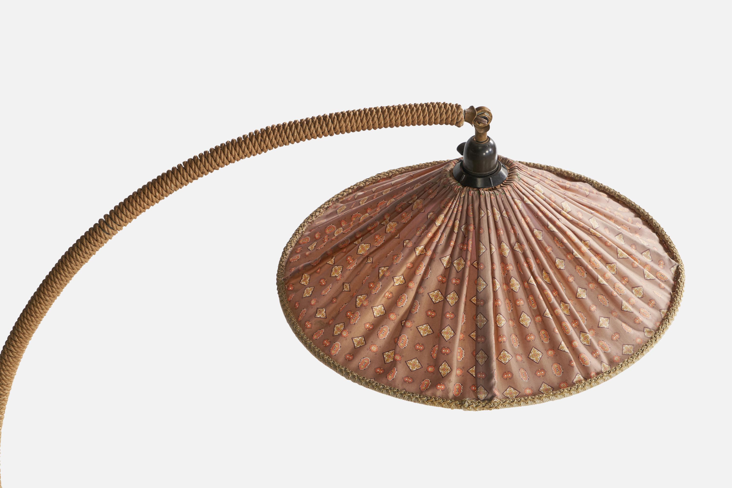 Swedish Designer, Floor Lamp, Brass, Rope, Elm, Fabric, Sweden, 1940s In Fair Condition In High Point, NC
