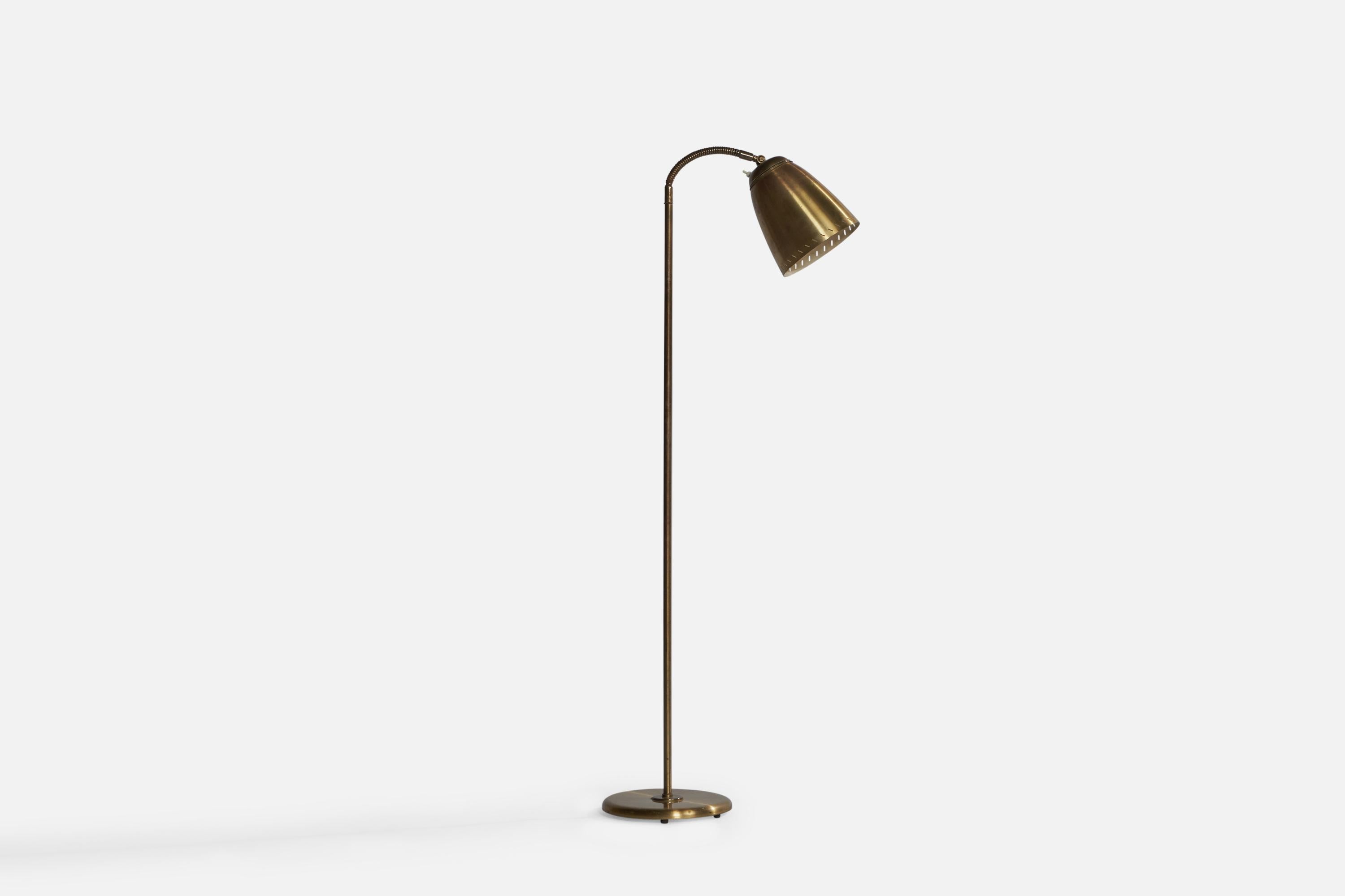 An adjustable brass floor lamp designed and produced in Sweden, c. 1940s.

Overall Dimensions (inches): 50.45” H x 10.25” W x 20.5” D
Dimensions vary based on position of light.
Bulb Specifications: E-26 Bulb
Number of Sockets: 1
All lighting will