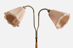 Swedish Designer, Floor Lamp, Brass, Teak, Fabric, Sweden, 1950s