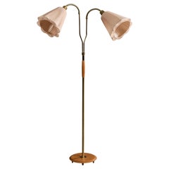 Swedish Designer, Floor Lamp, Brass, Teak, Fabric, Sweden, 1950s