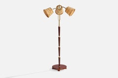 Swedish Designer, Floor Lamp, Brass, Teak, Rattan, Sweden, 1950s