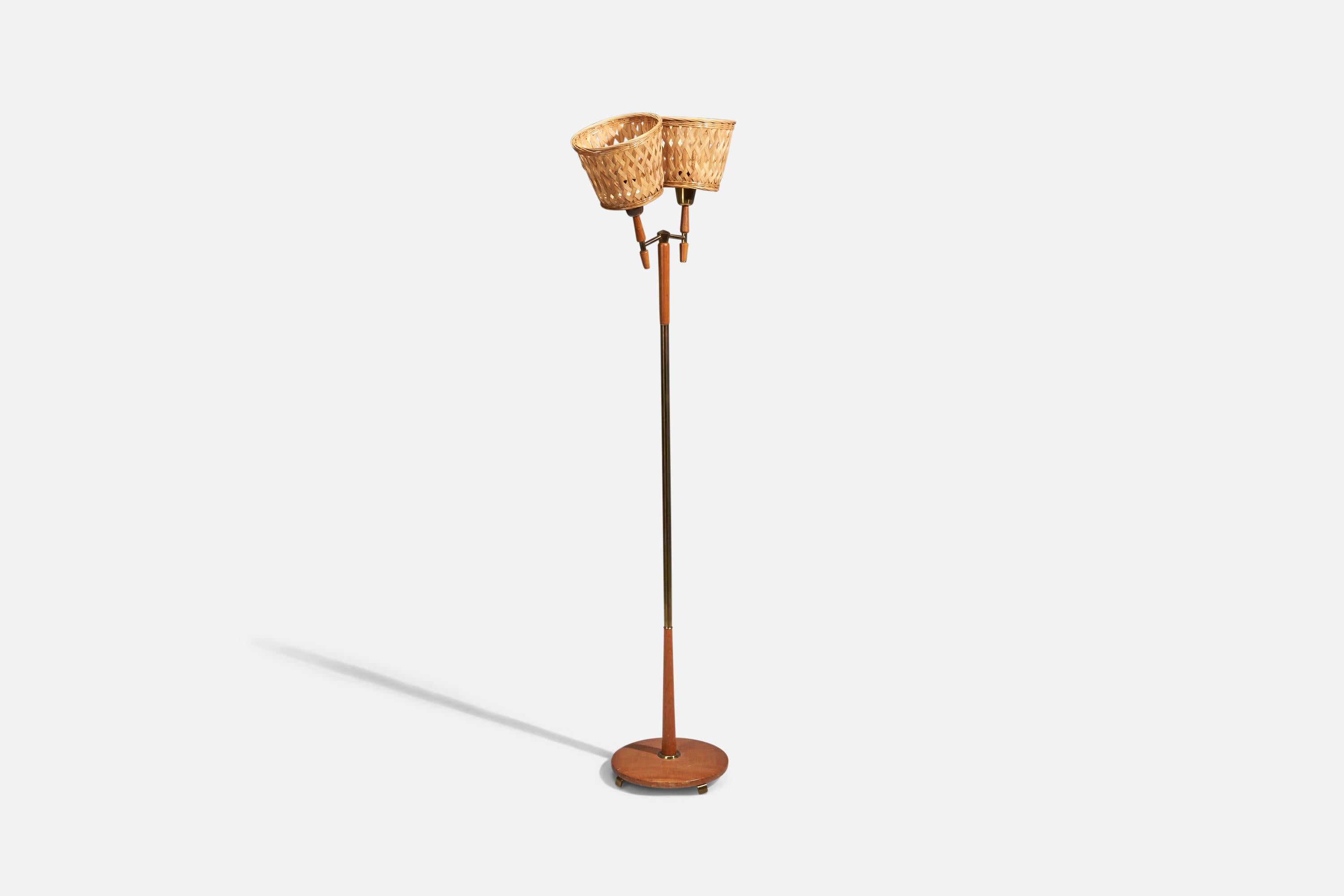 Mid-Century Modern Swedish Designer, Floor Lamp, Brass, Teak, Rattan, Sweden, 1950s For Sale