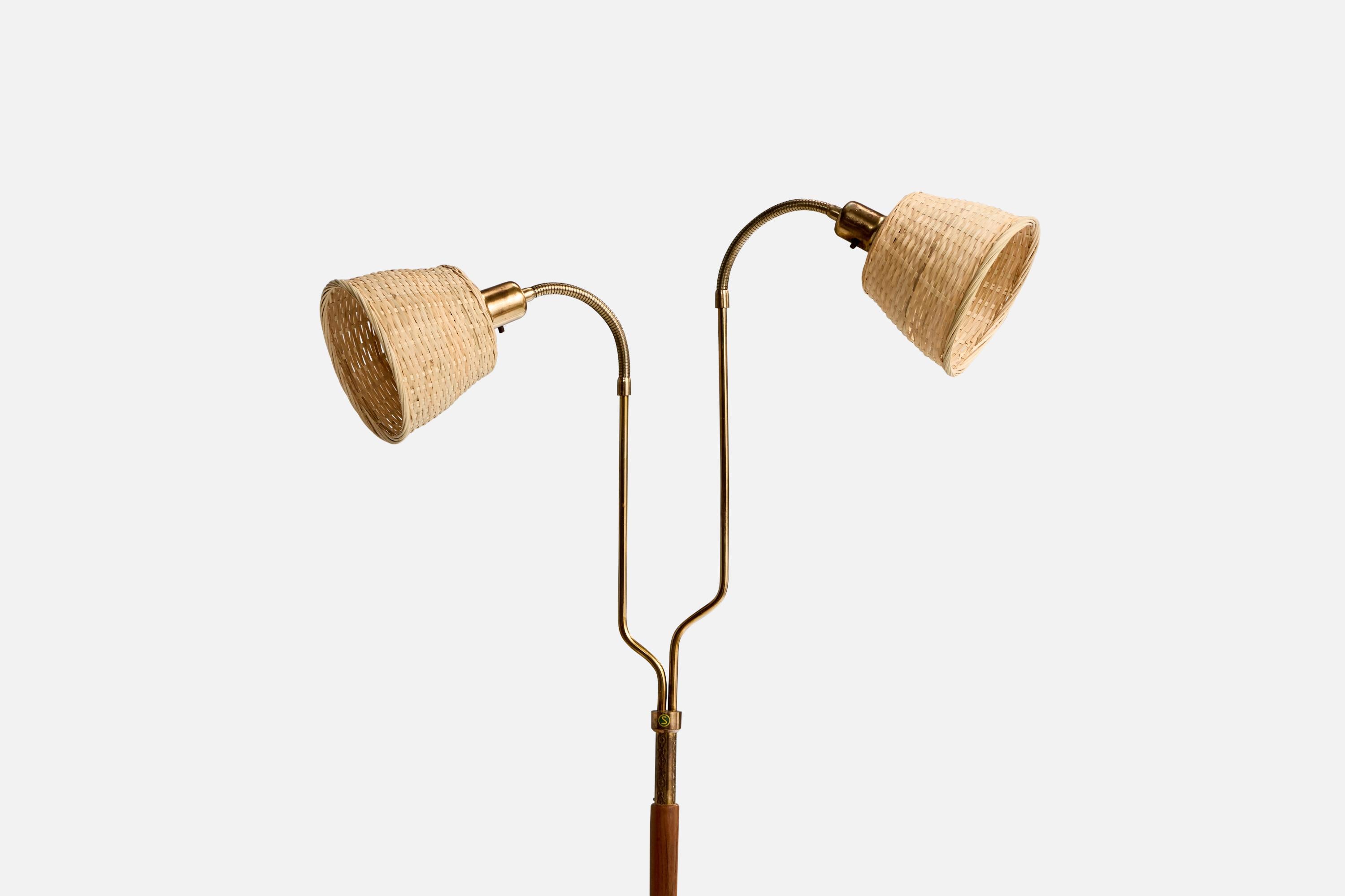 Mid-Century Modern Swedish Designer, Floor Lamp, Brass, Teak, Rattan, Sweden, 1950s For Sale