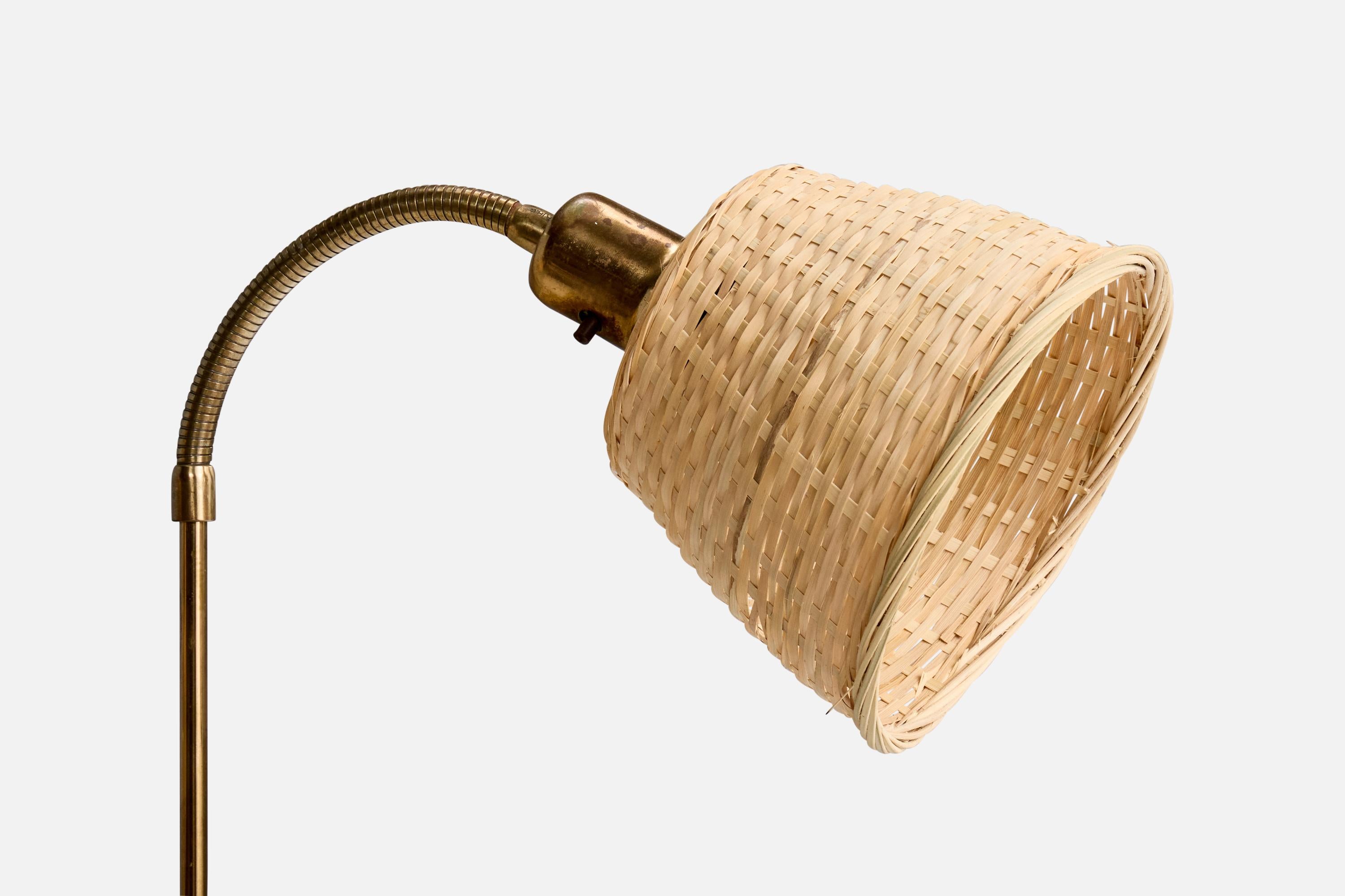 Swedish Designer, Floor Lamp, Brass, Teak, Rattan, Sweden, 1950s In Good Condition For Sale In High Point, NC