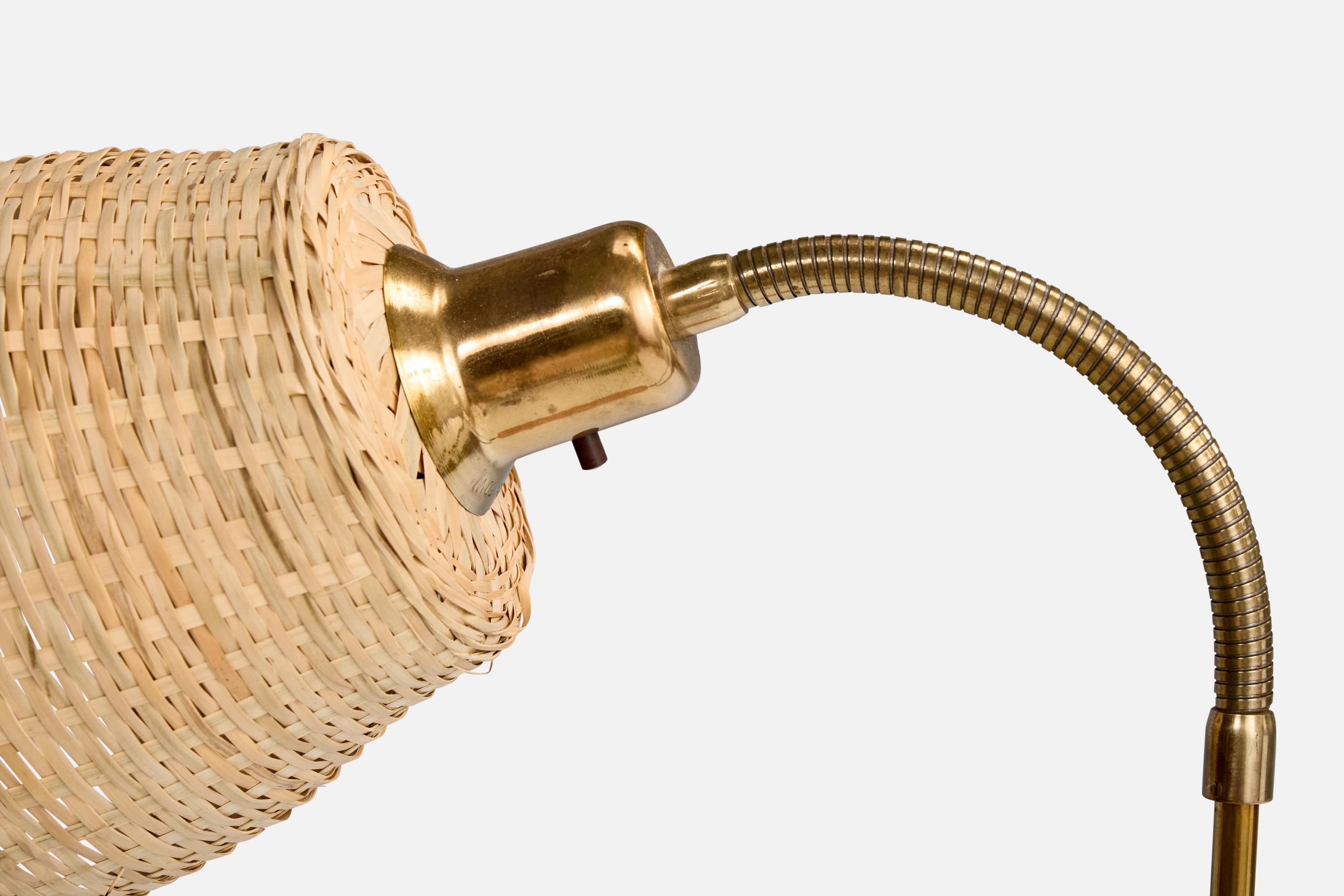 Mid-20th Century Swedish Designer, Floor Lamp, Brass, Teak, Rattan, Sweden, 1950s For Sale