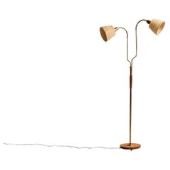 Swedish Designer, Floor Lamp, Brass, Teak, Rattan, Sweden, 1950s