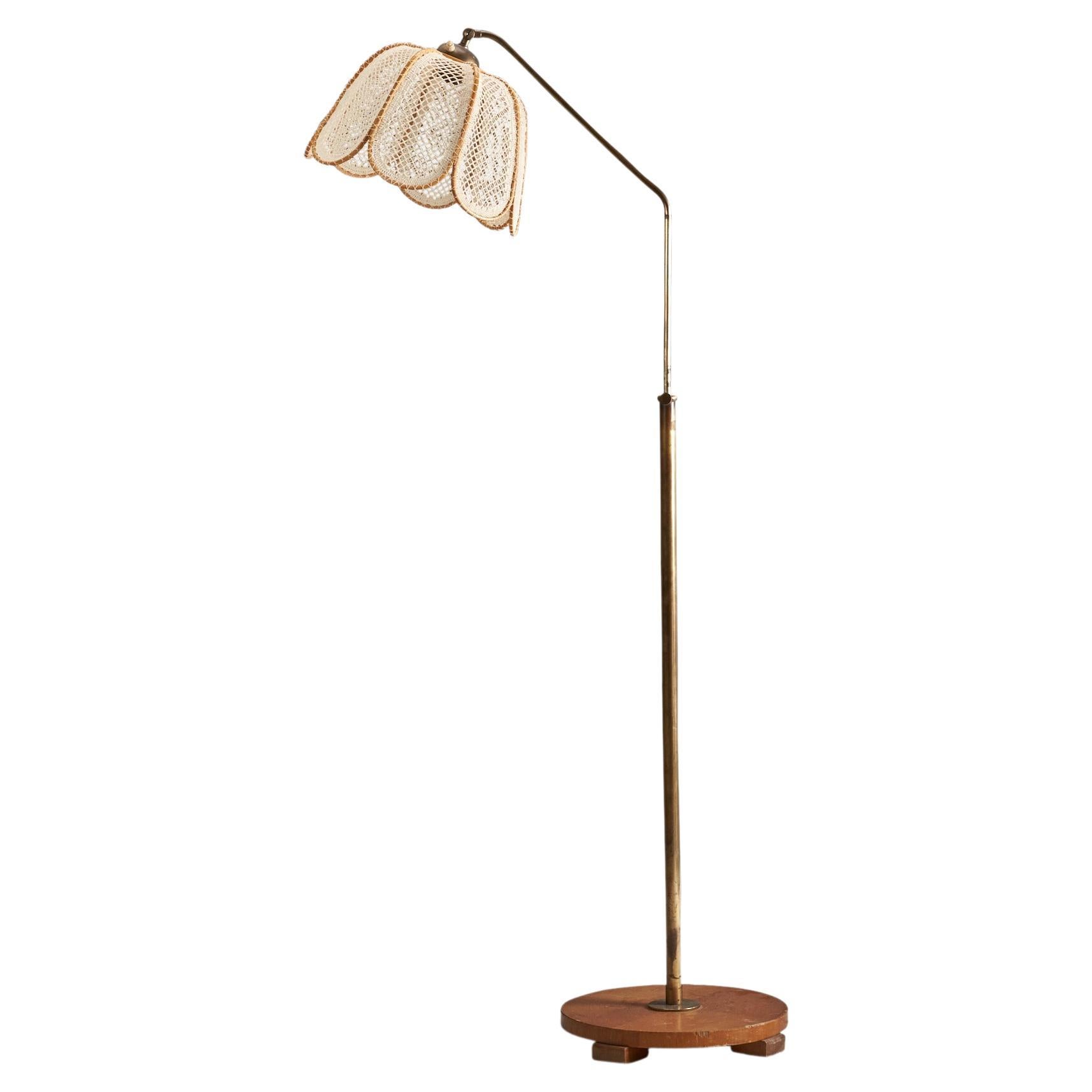 Swedish Designer, Floor Lamp, Brass, Wood, Embroidery Fabric, Sweden, 1940s For Sale