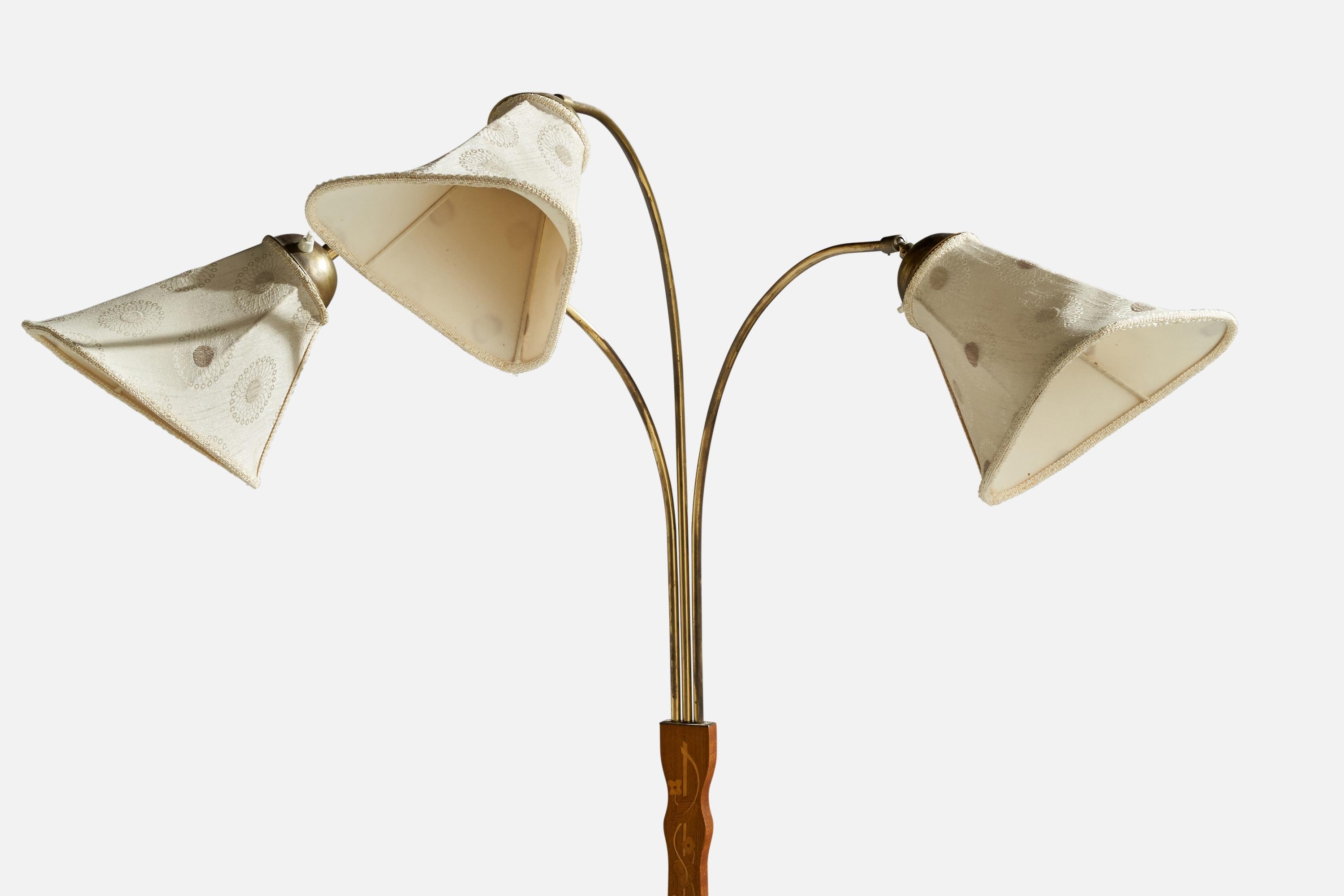 Swedish Designer, Floor Lamp, Brass, Wood, Fabric, Sweden, 1930s For Sale 6