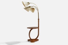Swedish Designer, Floor Lamp, Brass, Wood, Fabric, Sweden, 1930s