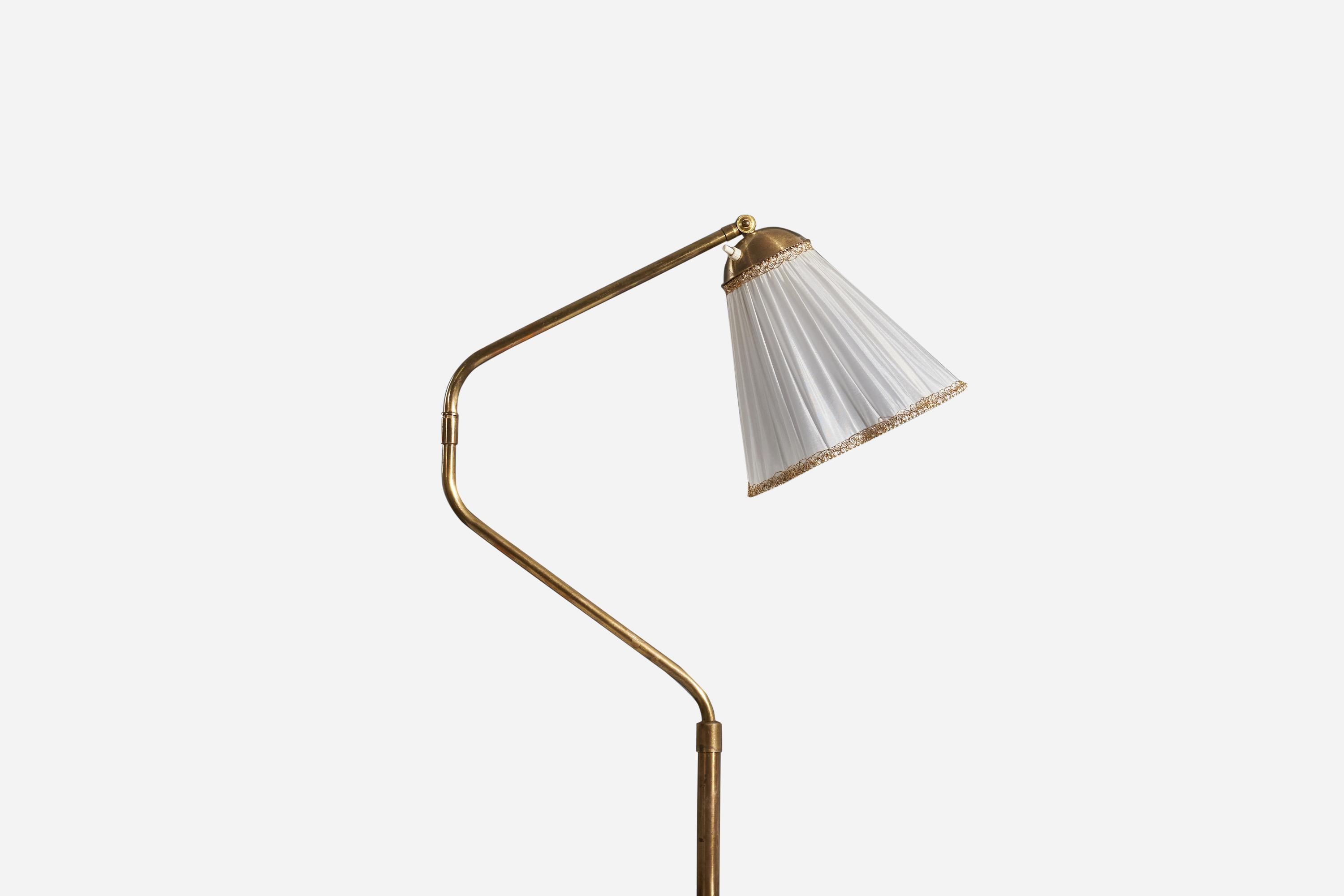Scandinavian Modern Swedish Designer, Floor Lamp, Brass, Wood, Fabric, Sweden, 1930s For Sale