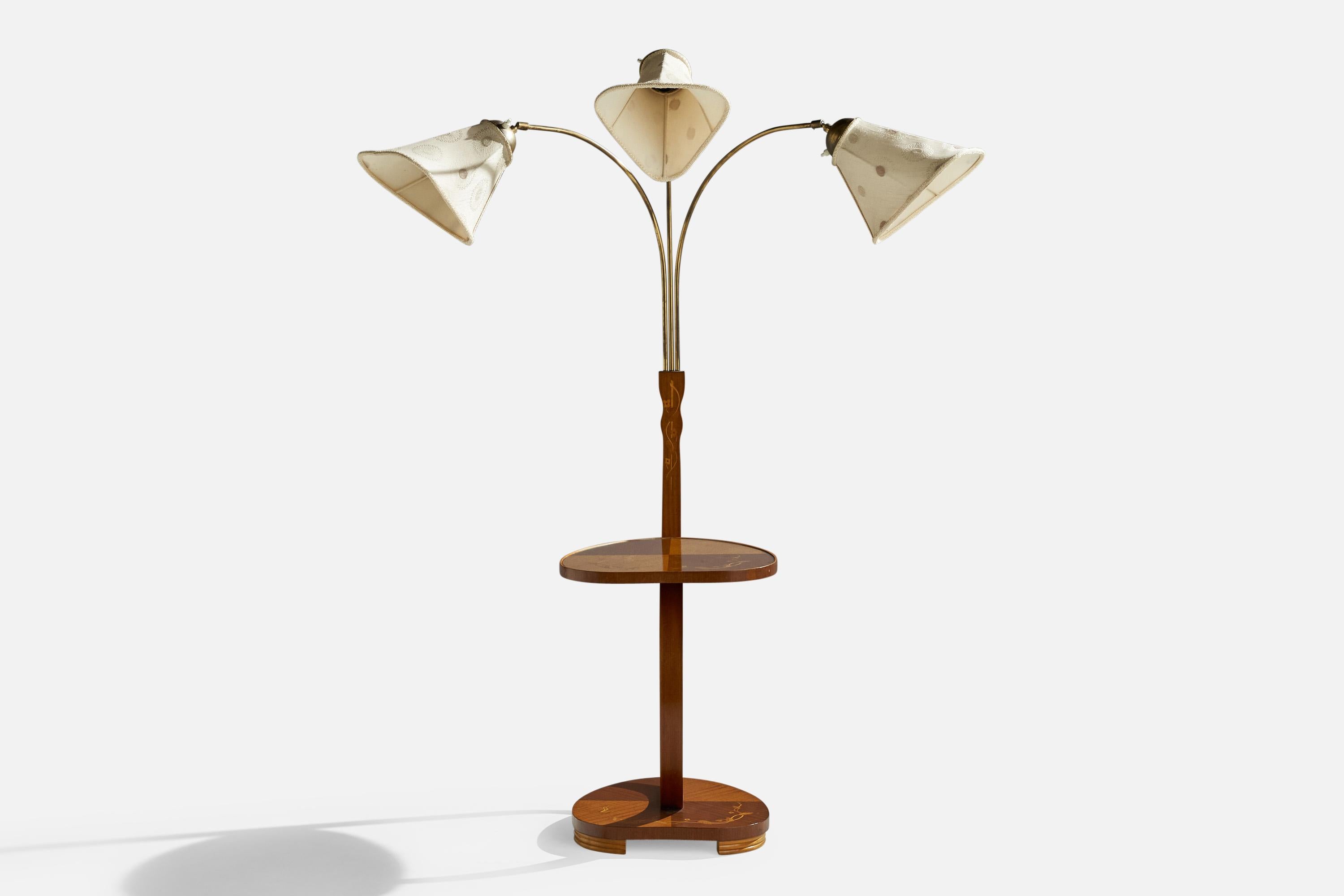 Swedish Designer, Floor Lamp, Brass, Wood, Fabric, Sweden, 1930s In Good Condition For Sale In High Point, NC