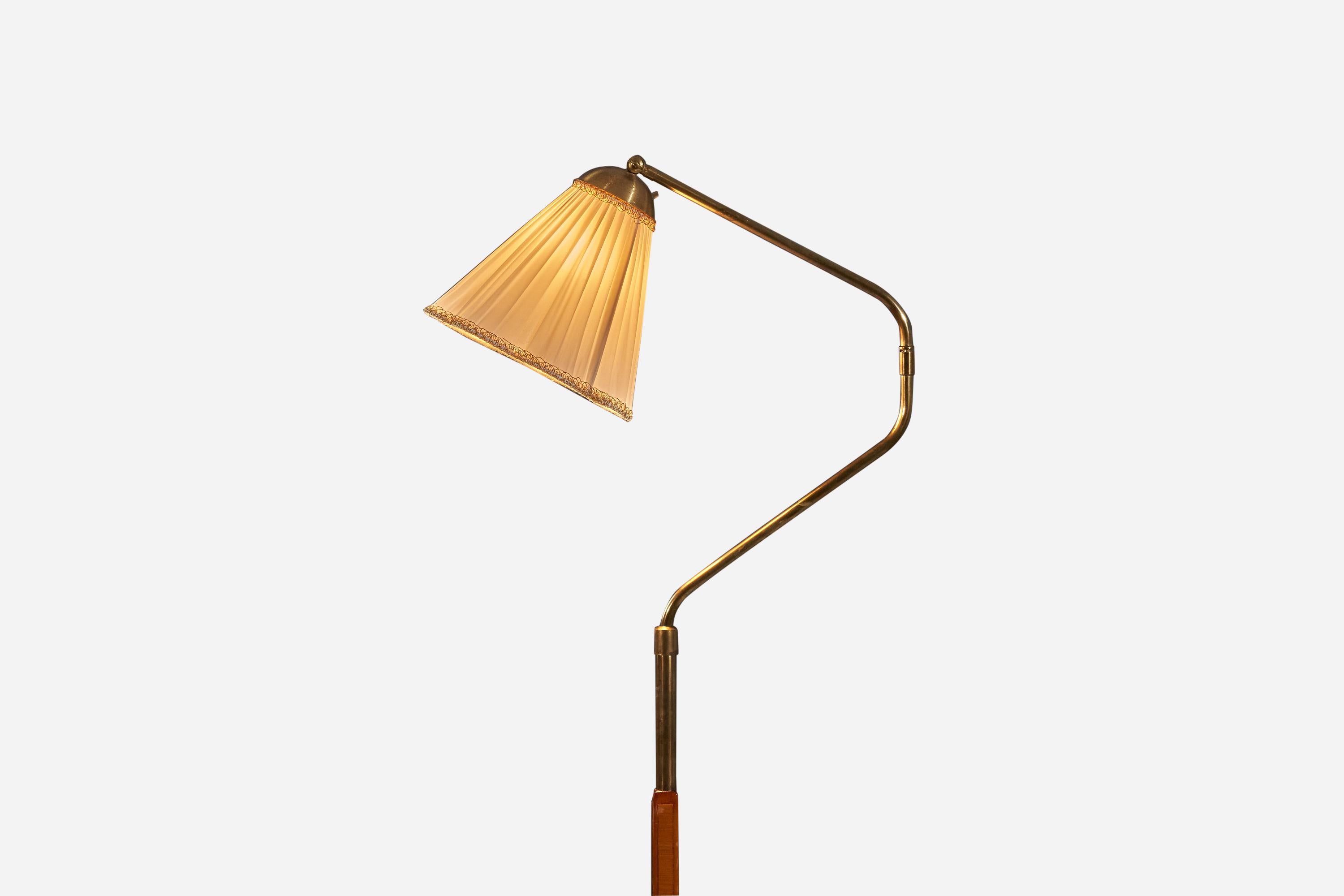 Mid-20th Century Swedish Designer, Floor Lamp, Brass, Wood, Fabric, Sweden, 1930s For Sale
