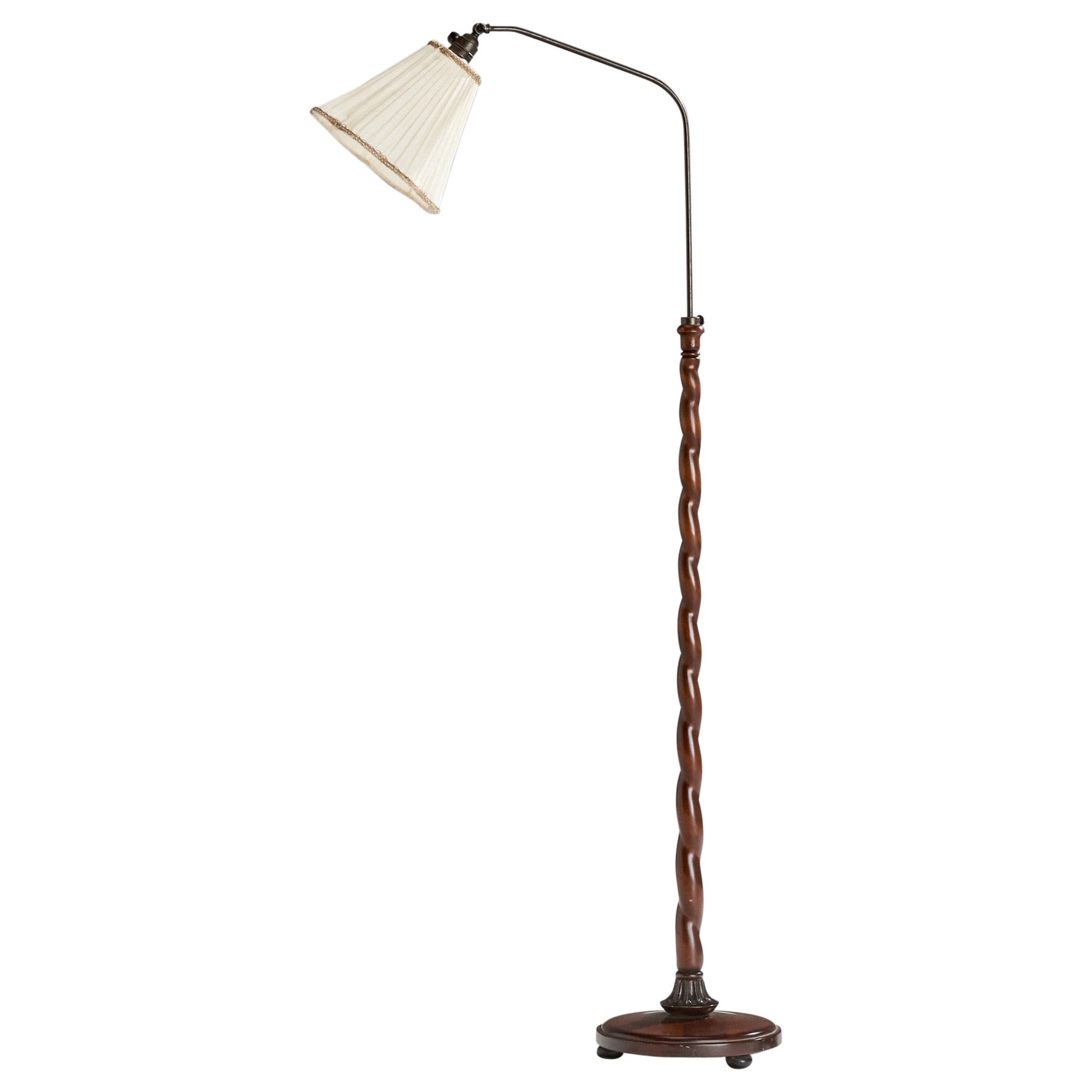 Lampada da terra di design svedese, ottone, legno, tessuto, Svezia, anni '1930 in vendita