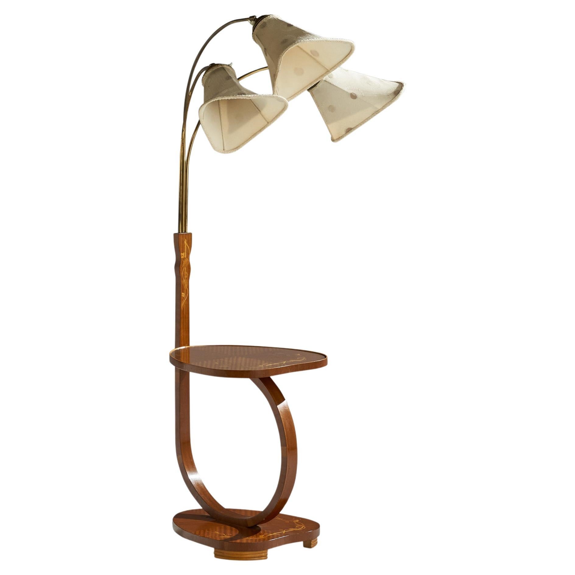 Swedish Designer, Floor Lamp, Brass, Wood, Fabric, Sweden, 1930s For Sale