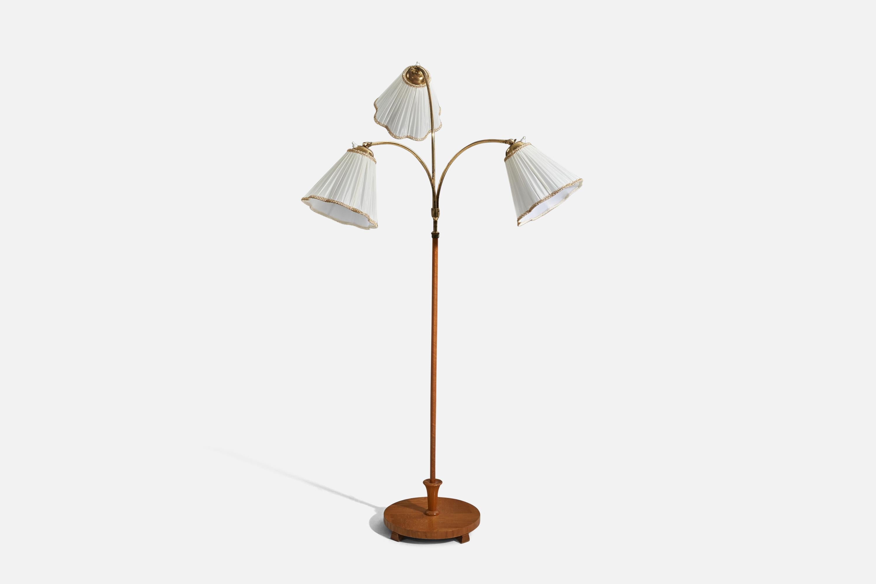 Scandinavian Modern Swedish Designer, Floor Lamp, Brass, Wood, Fabric, Sweden, 1940s