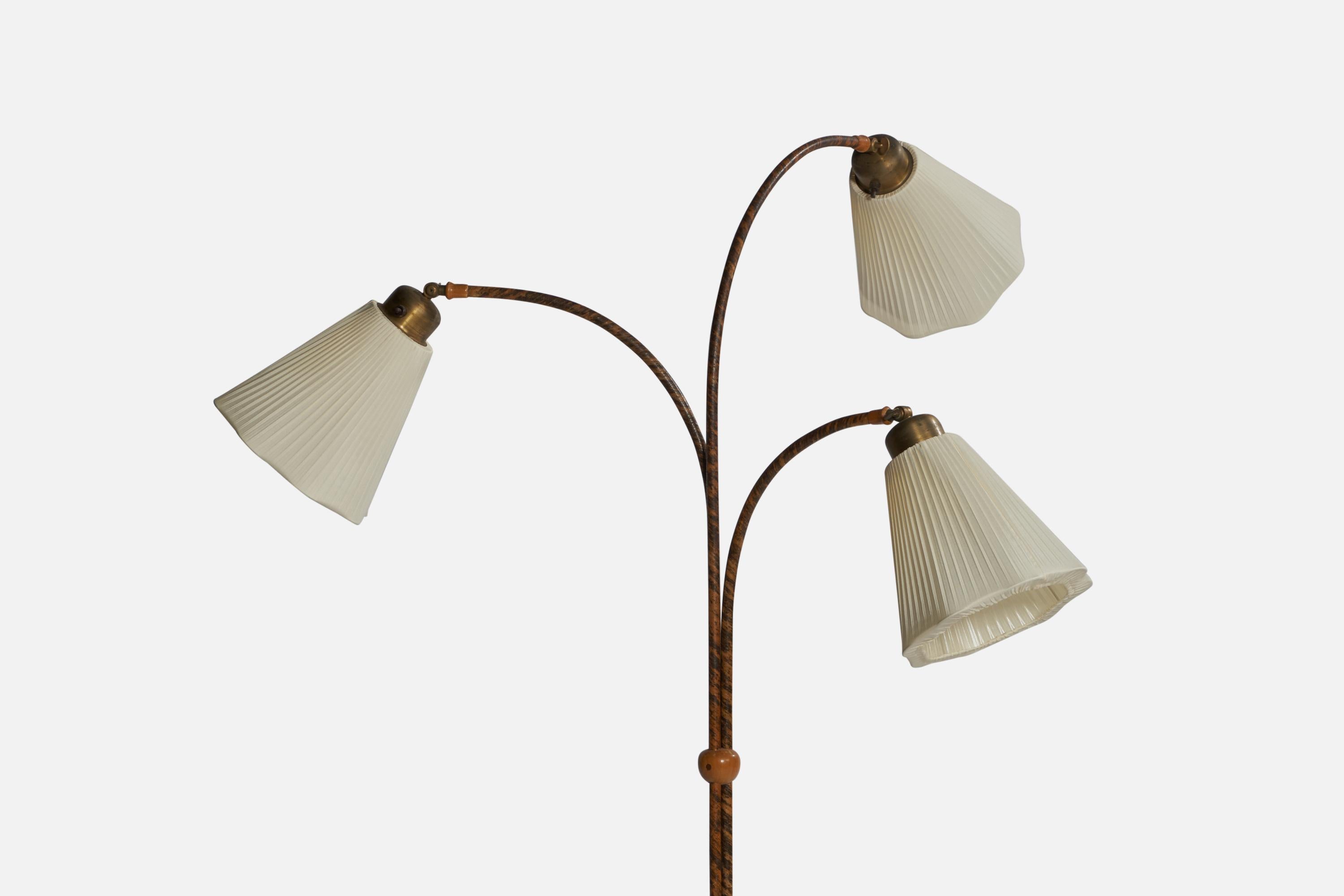 Scandinavian Modern Swedish Designer, Floor Lamp, Brass, Wood, Fabric, Sweden, 1940s For Sale