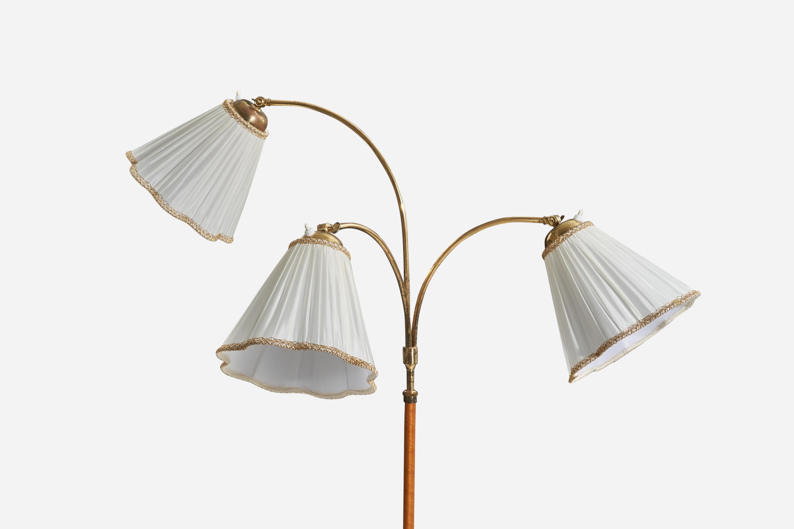 Swedish Designer, Floor Lamp, Brass, Wood, Fabric, Sweden, 1940s In Good Condition In High Point, NC