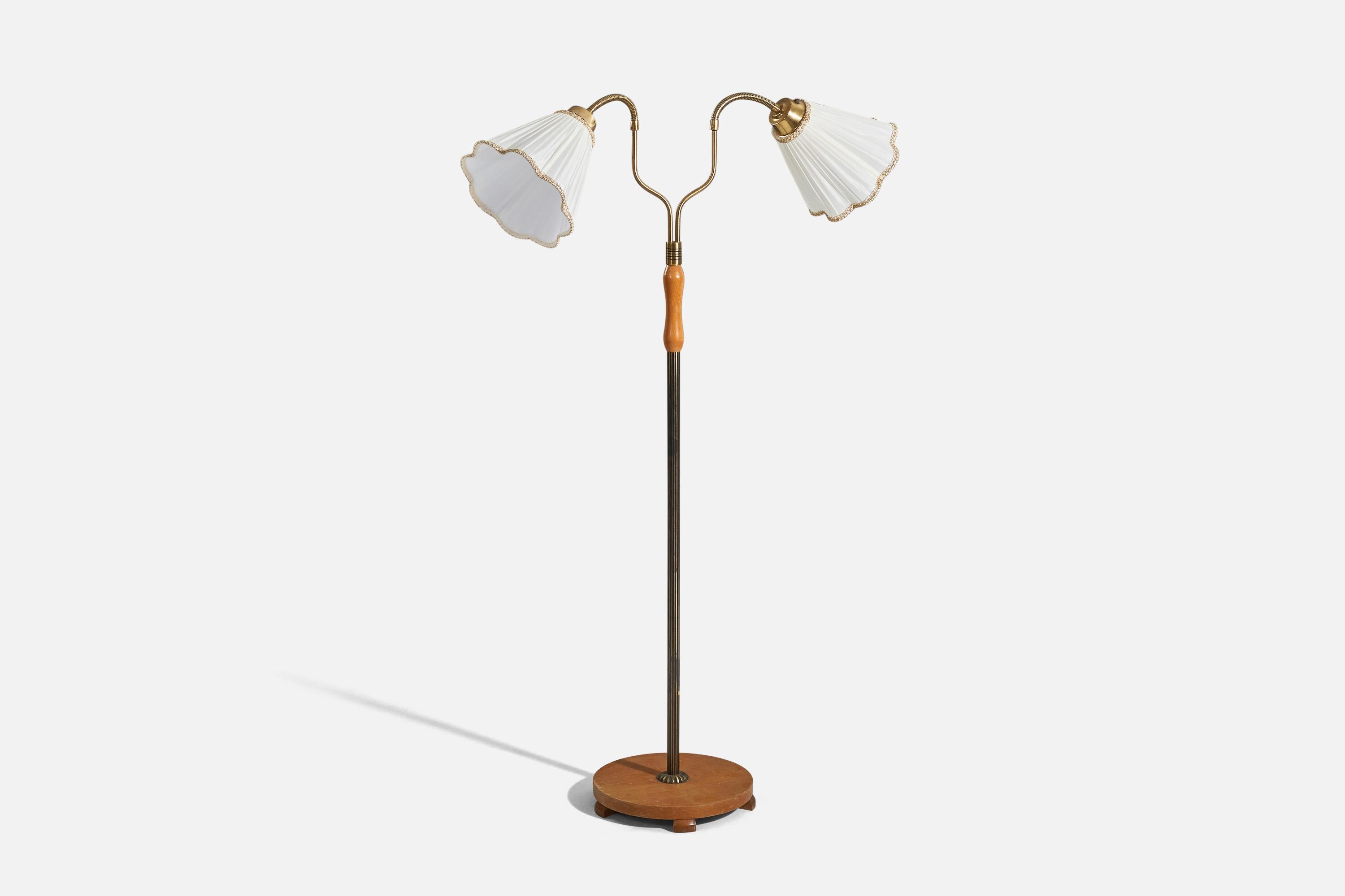 Swedish Designer, Floor Lamp, Brass, Wood, Fabric, Sweden, 1940s In Good Condition In High Point, NC