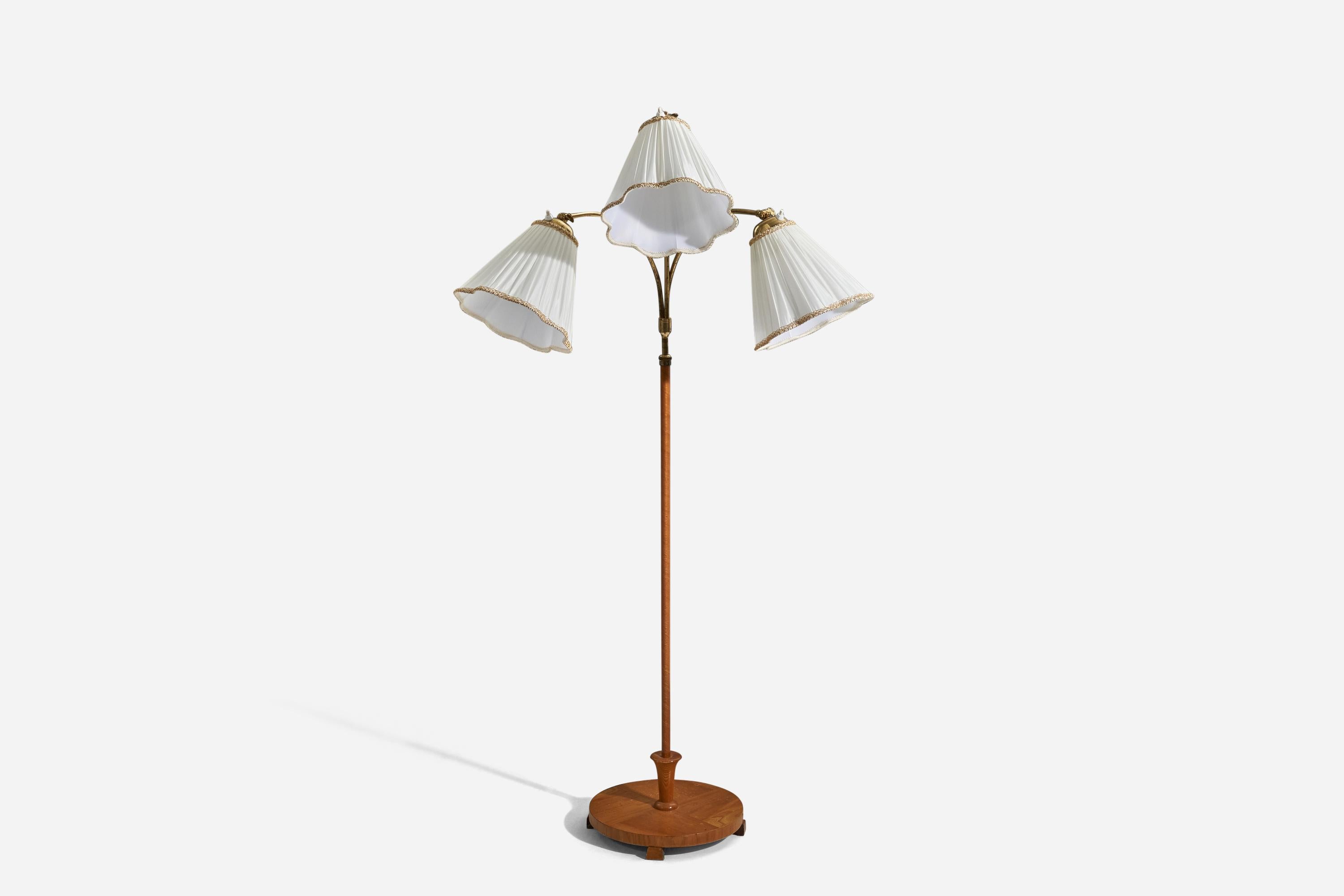 Mid-20th Century Swedish Designer, Floor Lamp, Brass, Wood, Fabric, Sweden, 1940s